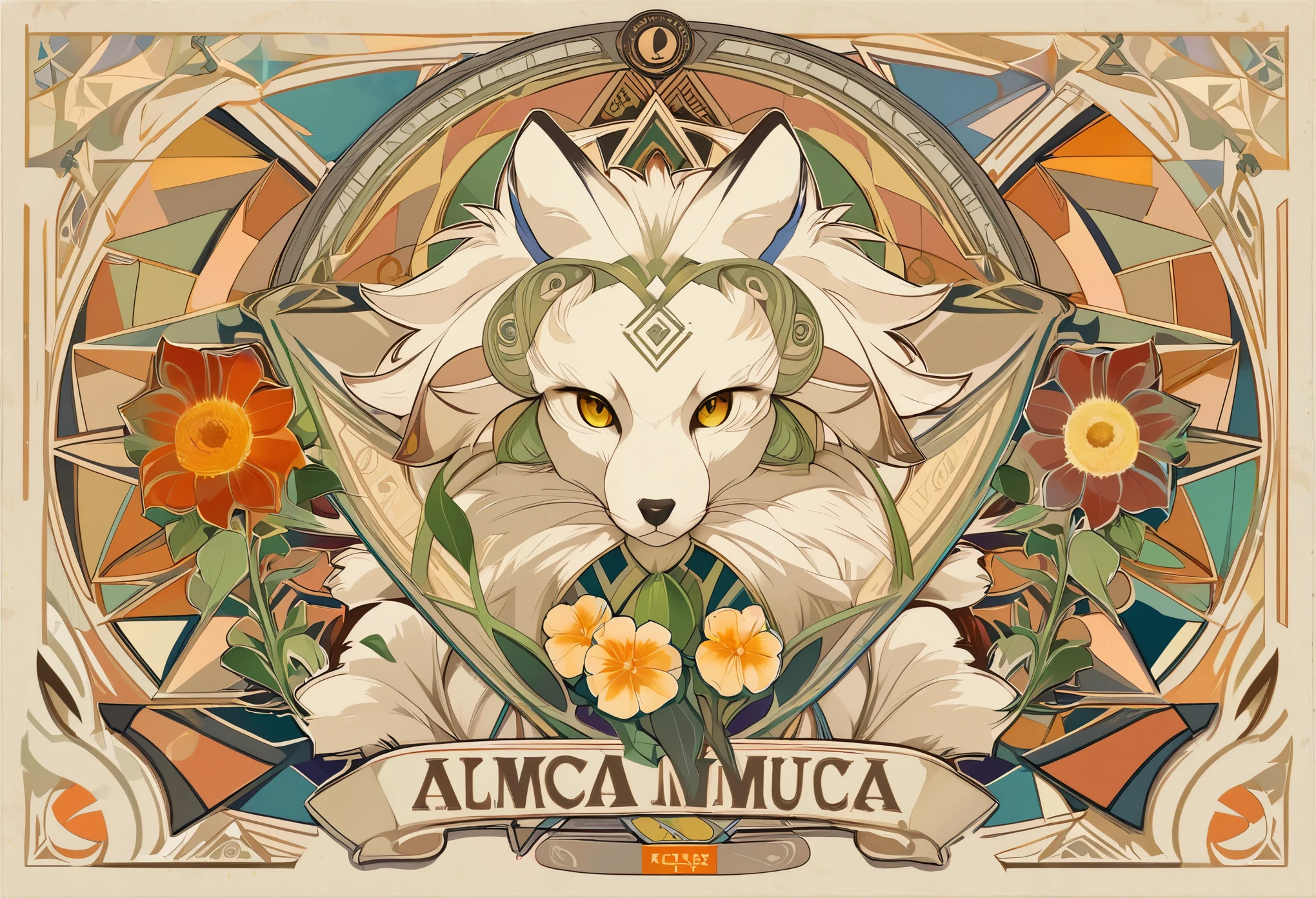highres, top quality, best quality, paid reward available, High-quality illustrations by Alfons Mucha, unparalleled masterpiece, perfect artwork, absurdres, logo mark, stamp, Geometric pattern, vector-art, masterpiece(kemono, furry anthro)flower,