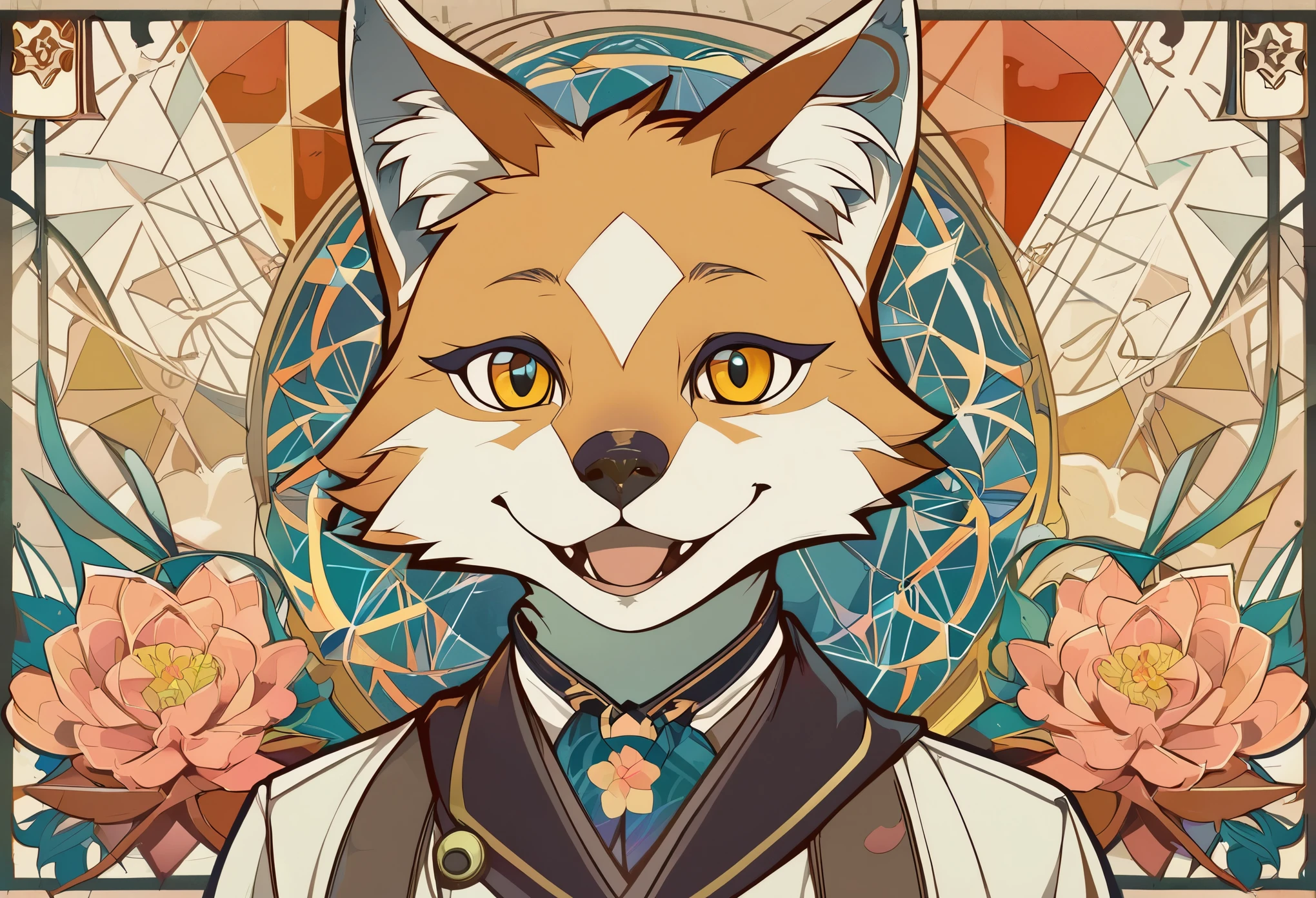 highres, top quality, best quality, paid reward available, High-quality illustrations by Alfons Mucha, unparalleled masterpiece, perfect artwork, absurdres, logo mark, stamp, Geometric pattern, vector-art, masterpiece(kemono, furry anthro)flower,