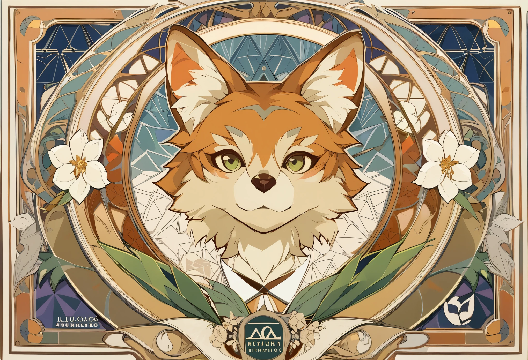 highres, top quality, best quality, paid reward available, High-quality illustrations by Alfons Mucha, unparalleled masterpiece, perfect artwork, absurdres, logo mark, stamp, Geometric pattern, vector-art, masterpiece(kemono, furry anthro)flower,