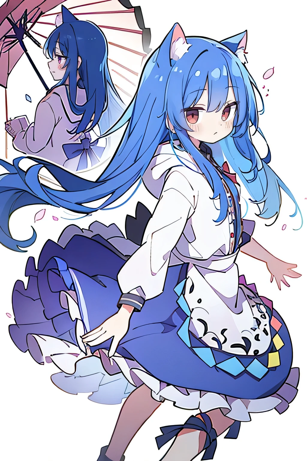 (masterpiece:1.2),Super detailed,lifelike,Expressive eyes,fair skin,perfect face shape,1 girl,
Japanese comics,Gorgeous blue hair,flowing blue hair,flowing clothes,Cat ears,Petals fall,beautiful lola,Baby Angel,
Shaking head with one hand,Cross your legs,Gentle and peaceful background,The pavilion is cool and comfortable,smile, wearing hoodie, background of tokyo,back views,snowing, winter.