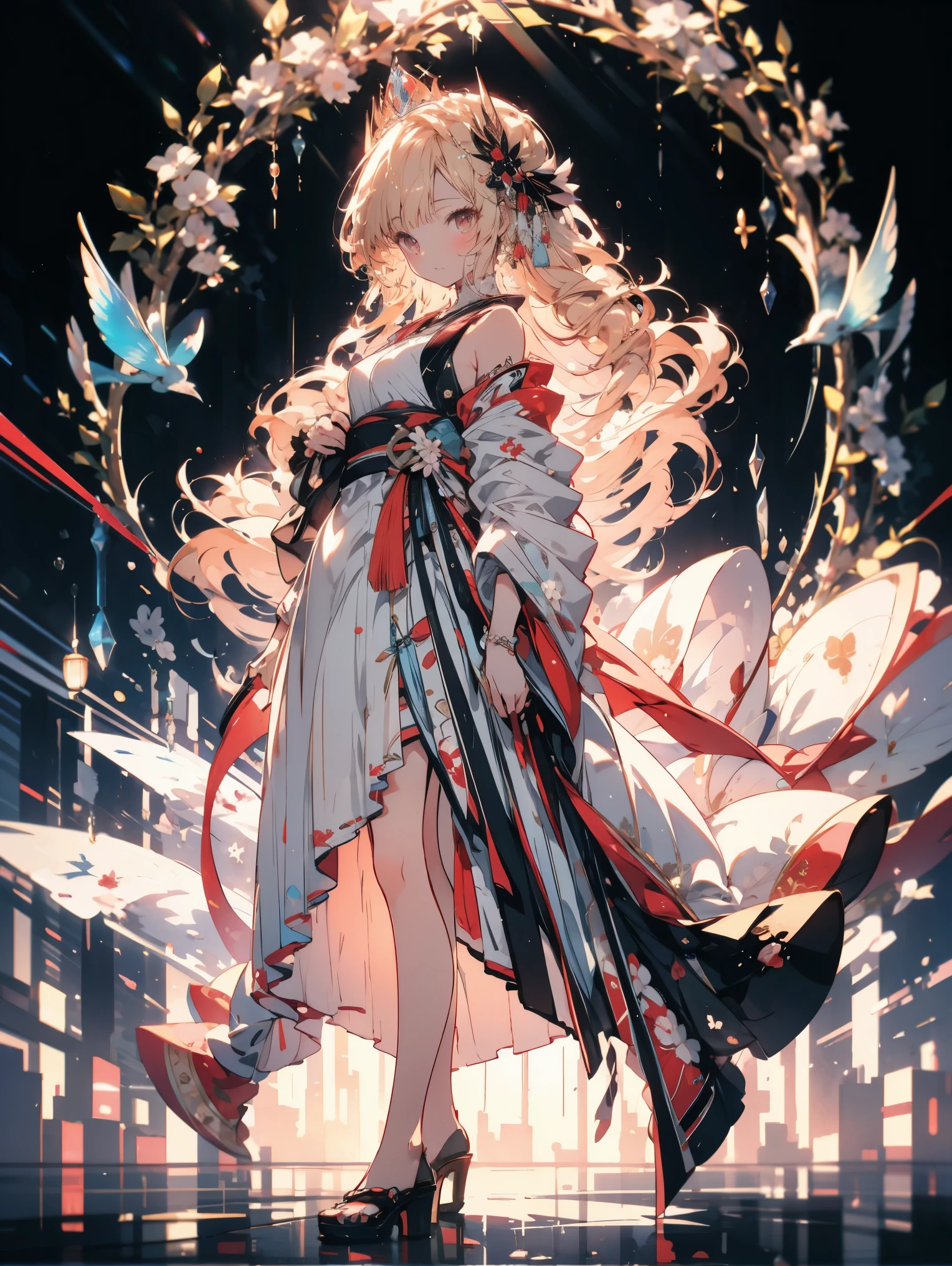 Full Body Style、Blond, fluffy, long hair、princess、Dresses with protruding shoulders、level９９、An illustration、Japan anime style、