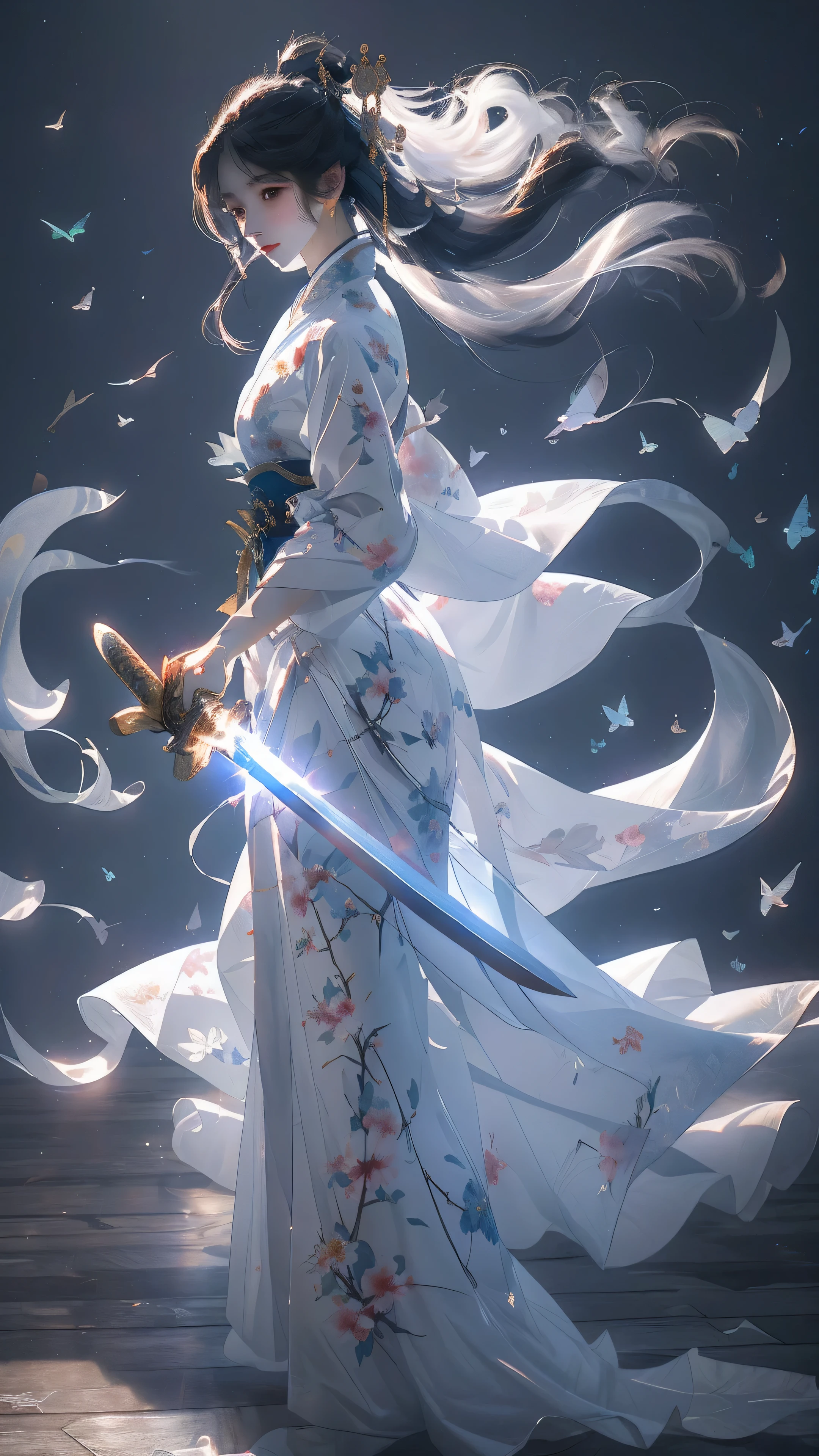 masterpiece, A high resolution, High detail face, ( Female swordsman wearing sword on side: 1.2), (Carrying a sword: 1.2), (full-body shot), (Showing off her long white legs), (White horse-faced skirt Hanfu), (White Chinese Hanfu Mamianqun), Slim body, detailed jewellery, Cute face, Practical, Edge lighting, Two-color lighting, (High Detail Skin: 1.2), 8k, Ultra HD, Digital SLR Camera, soft light, Volumetric Light, high resolution, 8k, Background blur,