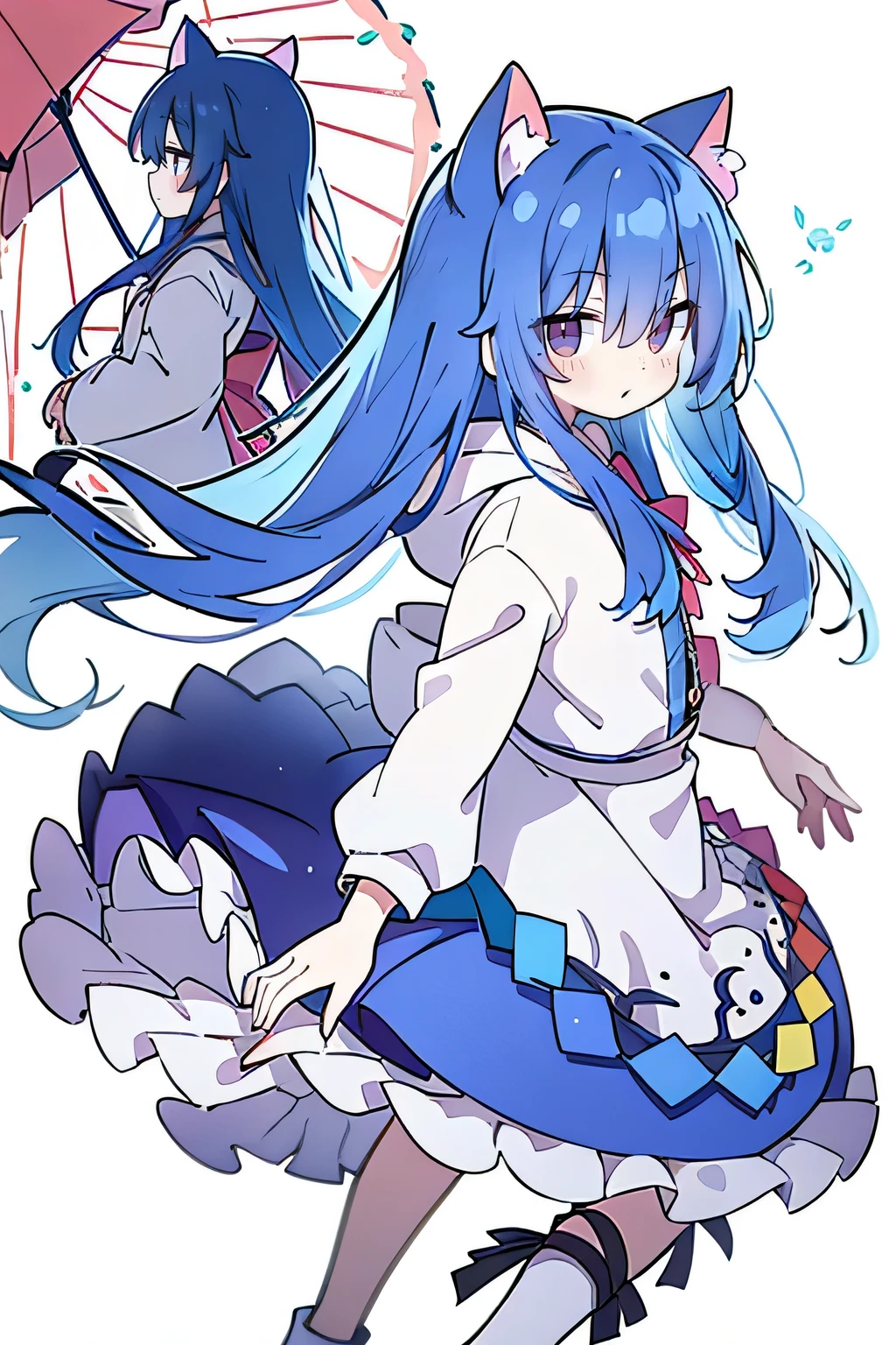 (masterpiece:1.2),Super detailed,lifelike,Expressive eyes,fair skin,perfect face shape,1 girl,
Japanese comics,Gorgeous blue hair,flowing blue hair,flowing clothes,Cat ears,Petals fall,beautiful lola,Baby Angel,
Shaking head with one hand,Cross your legs,Gentle and peaceful background,The pavilion is cool and comfortable,smile, wearing hoodie, background of tokyo,back views,snowing, winter.