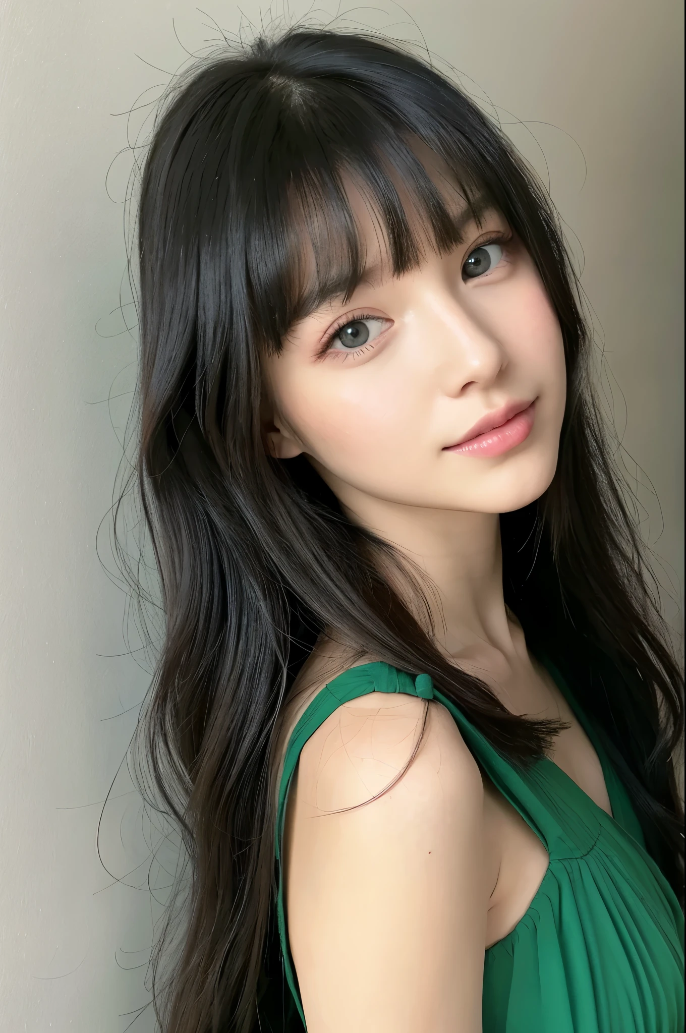whole body,human,beautiful girl,Long Black Hair,Bangs,Green Eyes,Long dress,Height: 160cm,innocent．