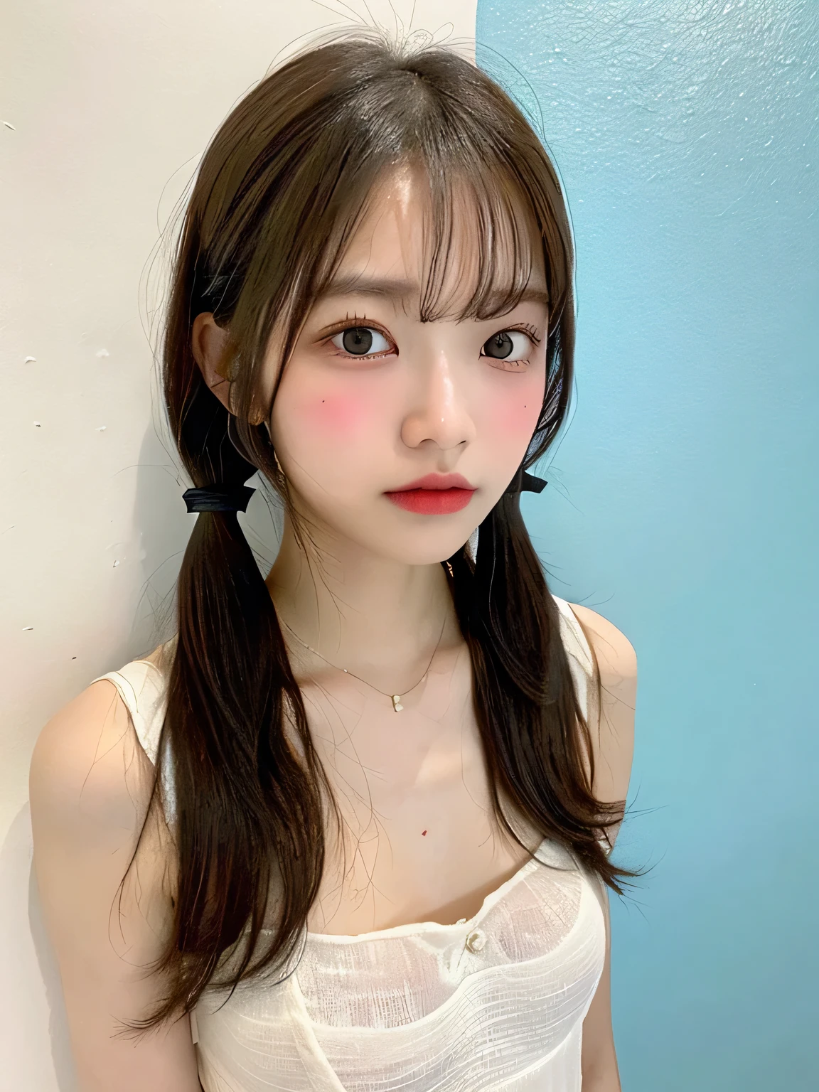 one person、whole body photos、Navy blue polo shirt、Cleavage、Navy blue mini skirt、fun、15 years old、whole body、slender、woman、White drool coming out of the mouth、Short hair, fair skin,Twin tails、Super cute、Soft and Face、Brown Hair、8k resolution、Surreal、Ultra high definition、 Soft Body、A-cup small breasts（（Highest resolution、8k、masterpiece：1.3））、Ultra-fine face、Ultra Fine Lips、Beautiful Eyes、double eyelid,Slender figure、I can see your thighs、Shapely small breasts、Pink wall