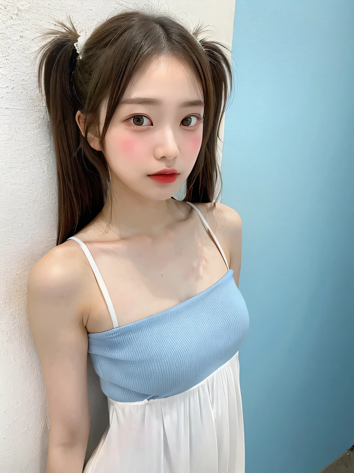 one person、、Full body photo、slender、woman、White drool coming out of the mouth、Twin tails、 Fair skin, messy hair, super cute、Soft and Face、8k resolution、Surreal、Ultra high definition、 A-cup small breasts((Highest resolution、8k、masterpiece:1.3))、Ultra-fine face、Ultra Fine Lips、Beautiful Eyes、double eyelid,Light blue wall、White bandeau dress:1.1、Thighs、thin,Thighs are visible、Shapely small breasts、