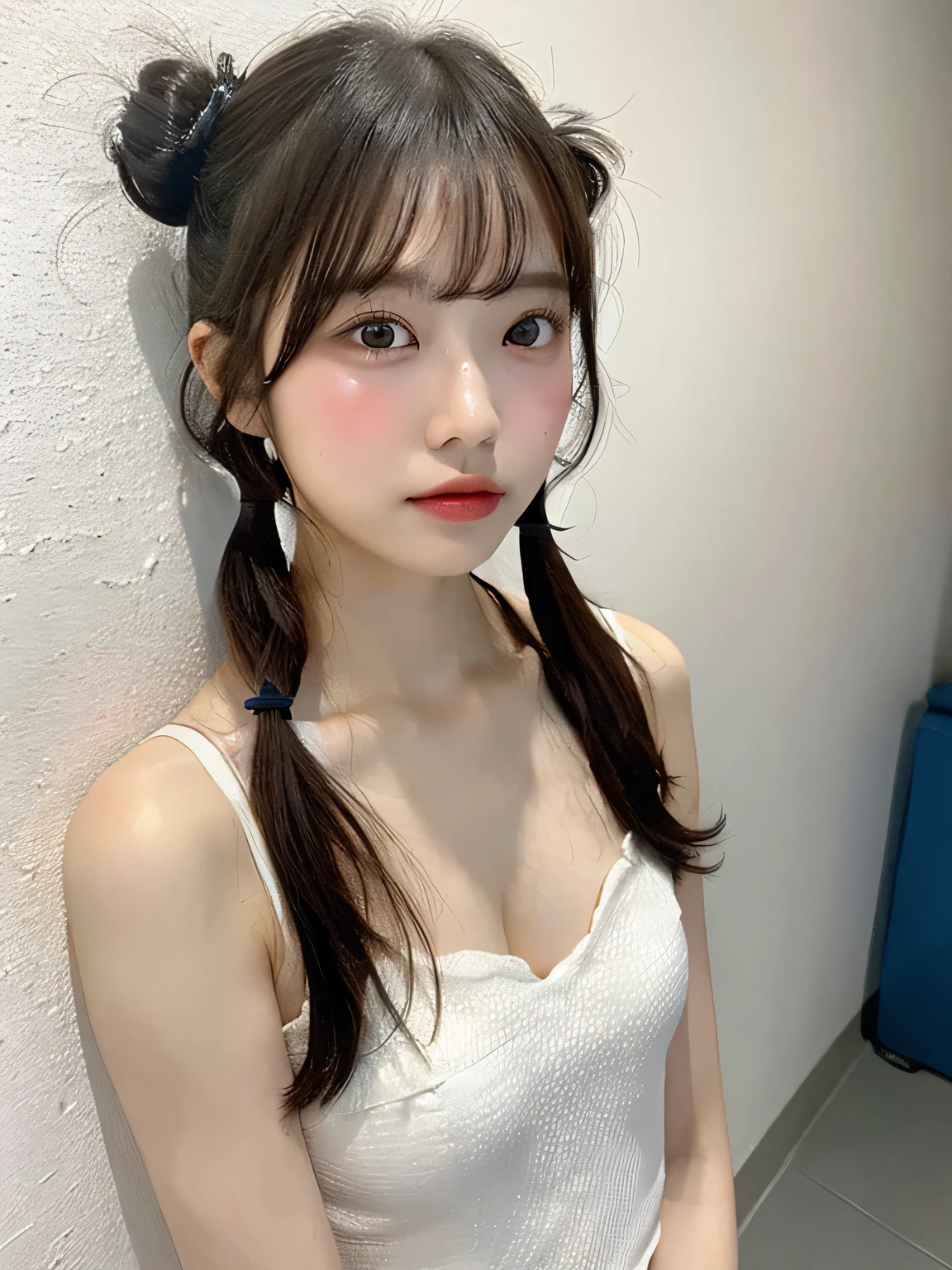 one person、、Full body photo、slender、woman、White drool coming out of the mouth、Twin tails、 Fair skin, messy hair, super cute、Soft and Face、8k resolution、Surreal、Ultra high definition、 A-cup small breasts（（Highest resolution、8k、masterpiece：1.3））、Ultra-fine face、Ultra Fine Lips、Beautiful Eyes、double eyelid,Light blue wall、White bandeau dress:1.1、Thighs、thin,Thighs are visible、Shapely small breasts、