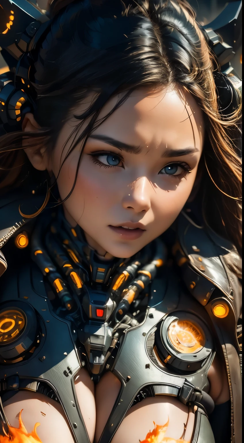 woman face, mechanical animal body, on fire,