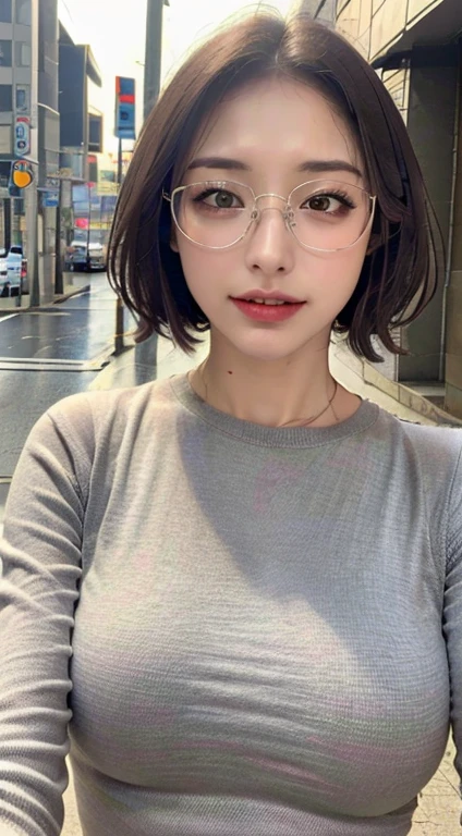 ((highest quality, 8k, masterpiece: 1.3)), Sharp focus: 1.2, Beautiful woman with perfect figure: 1.4, Slim Abs: 1.2, Very short bob, Grey knit dress, No sleeve, Thick upper arms, street: 1.2, Wet body: 1.1, Highly detailed face and skin texture, Beautiful Eyes, double eyelid, big, smile,Glasses、whole body、Big Breasts、Expressionless