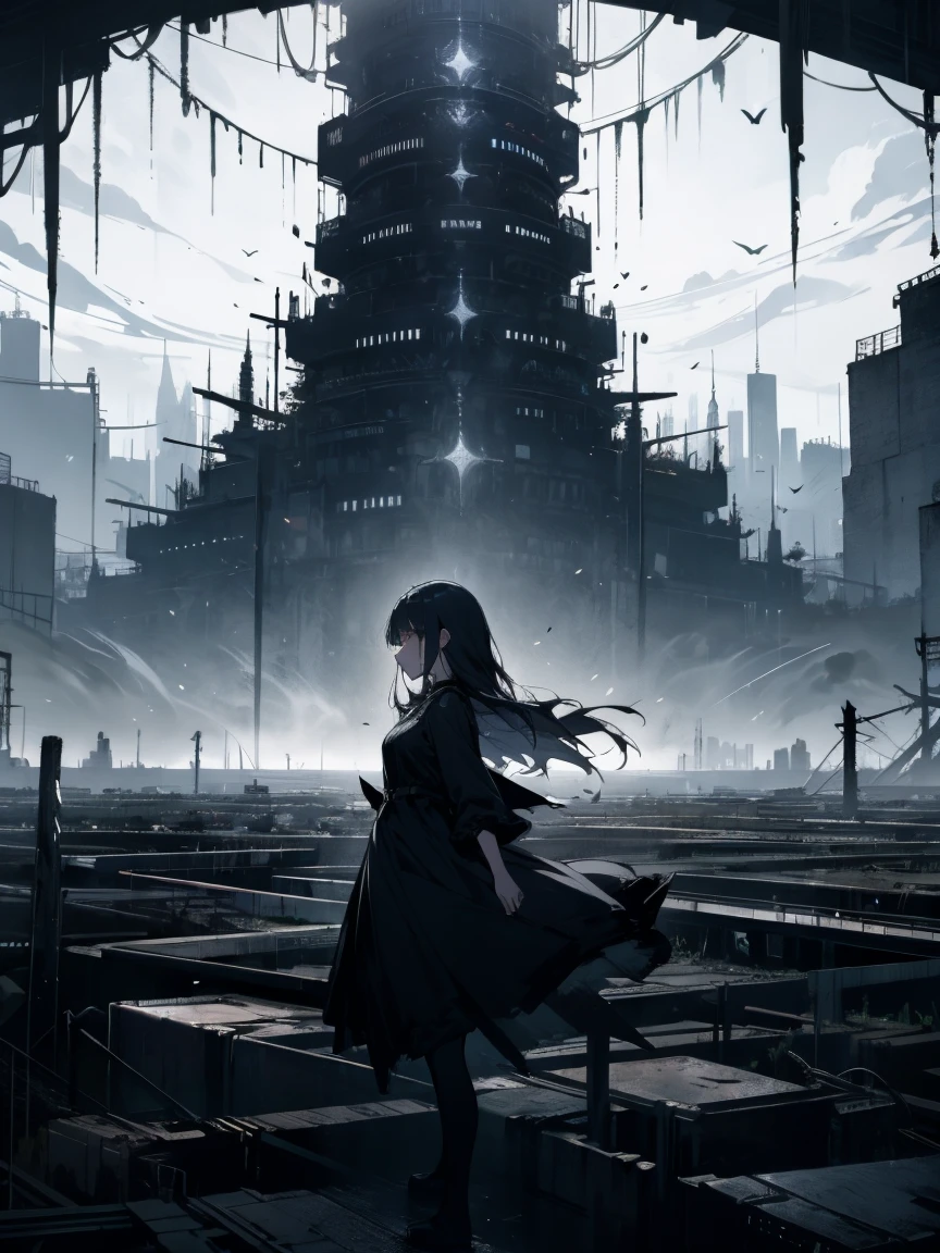 high quality, One Girl, Sad, Look Down, Bottom of the earth, stand up, abyss, A city surrounded by high walls, dark Cloud, Black Dress, Long Hair, Dystopia, dark