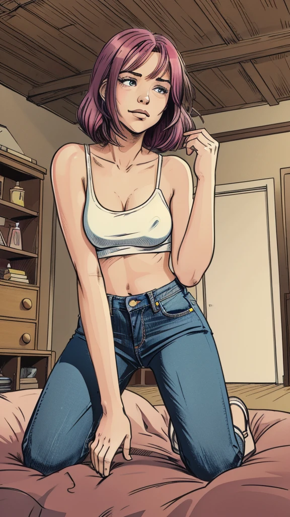 vector image, 2d cartoon,masterpiece, An teenage girl,colored hair, blush:1.2, simulates sex with herself:1.3, tight worn-out jeans,pull herself down on knees, red