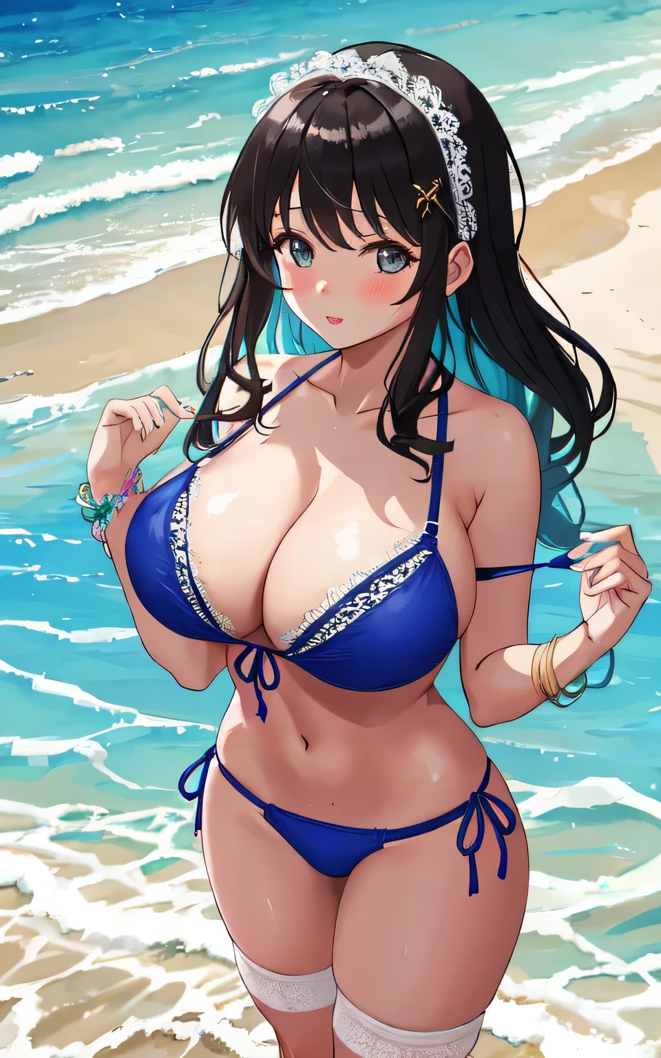 A 6 girl with huge breasts, wearing a lacy bikini swimming costume, on the beach, holding a man's penis in her hand, wearing a swim ring