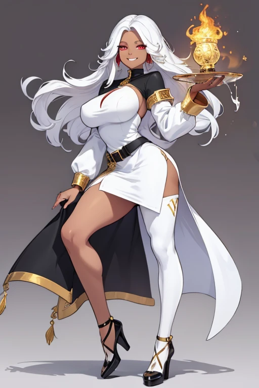 female, white long hair, red eyes, dark skin, (((1girl))), (((white long sleeve dress))), (black belt), (gold heels), black leggings, (gold jewelry), cute and sexy, full body, large breasts, large butt, long legs, smiling