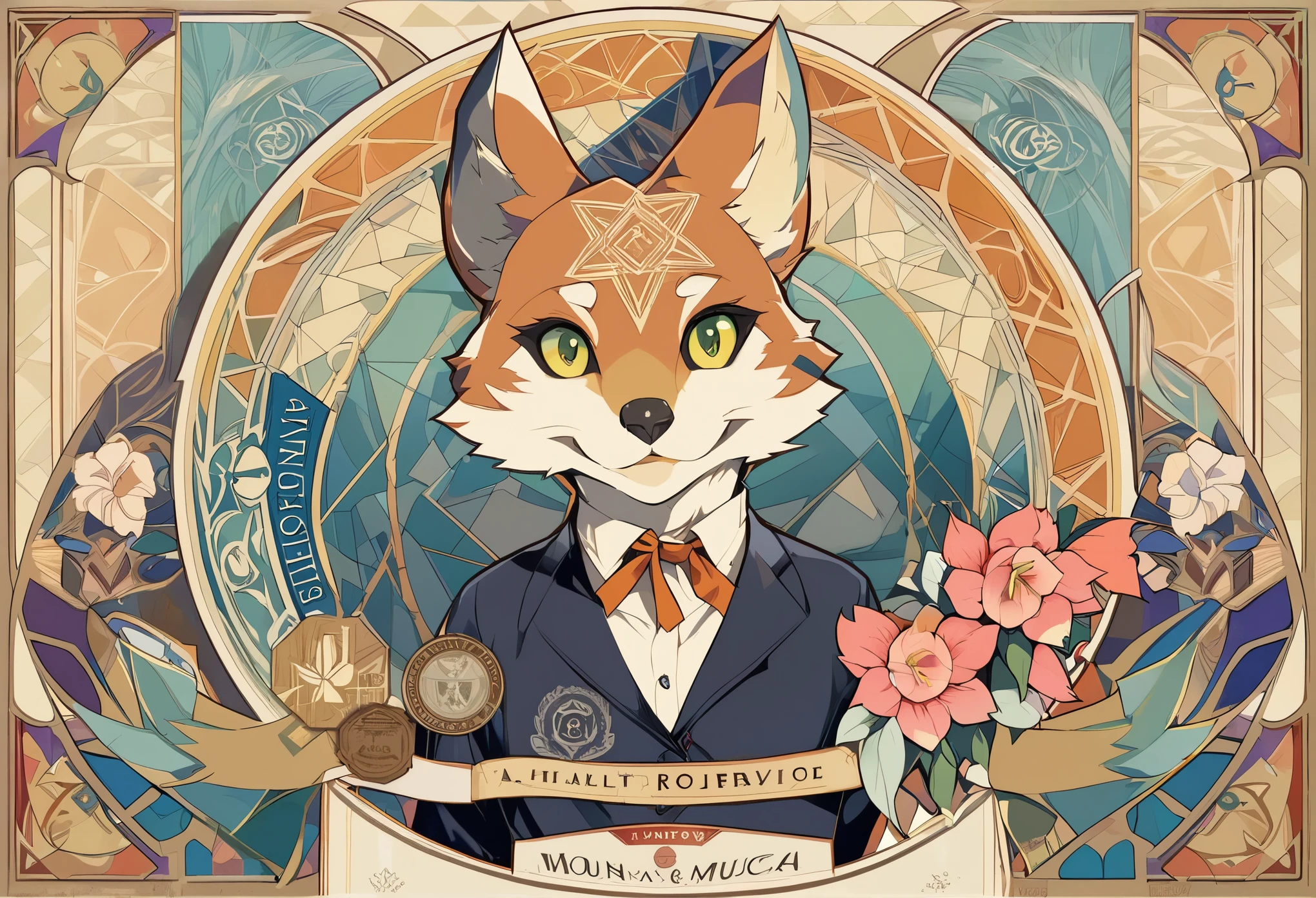 highres, top quality, best quality, paid reward available, High-quality illustrations by Alfons Mucha, unparalleled masterpiece, perfect artwork, absurdres, logo mark, stamp, Geometric pattern, vector-art, masterpiece(kemono, furry anthro)flower,