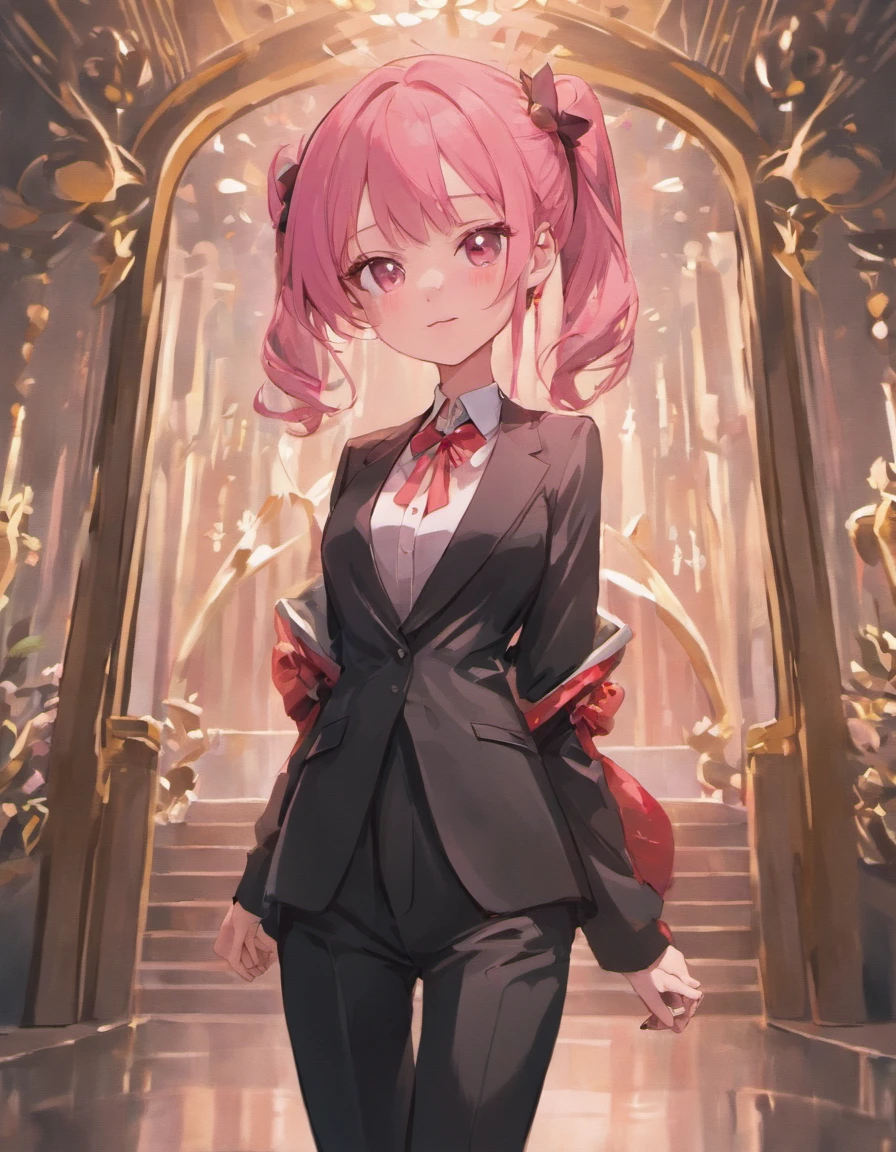 There is one ultra-realistic girl。She has a slim figure、Height is 155 cm。Her hair has a pale pink color and、、Her hairstyle is twin tails.。Hair is smooth、Luxurious ornaments complement the corners around it。Her eyes are a beautiful scarlet.、Staring at this。Her nose was not very high.、has shiny pink lips。With a smile、Teeth are visible.。Red ribbon flutters in the wind from the neck.。She is wearing a black suit with white accents..、The pattern is green。Pure、Loose shoulders。For the lower body, I'm wearing long pink pants that are easy to move in..。A red band is visible from the waist。She is clenching her fists.、There are 5 fingers on each side.。Background in the wilderness forest、A tall mountain々And the lake looks far away。It's from the camera's point of view.、Laugh shyly。