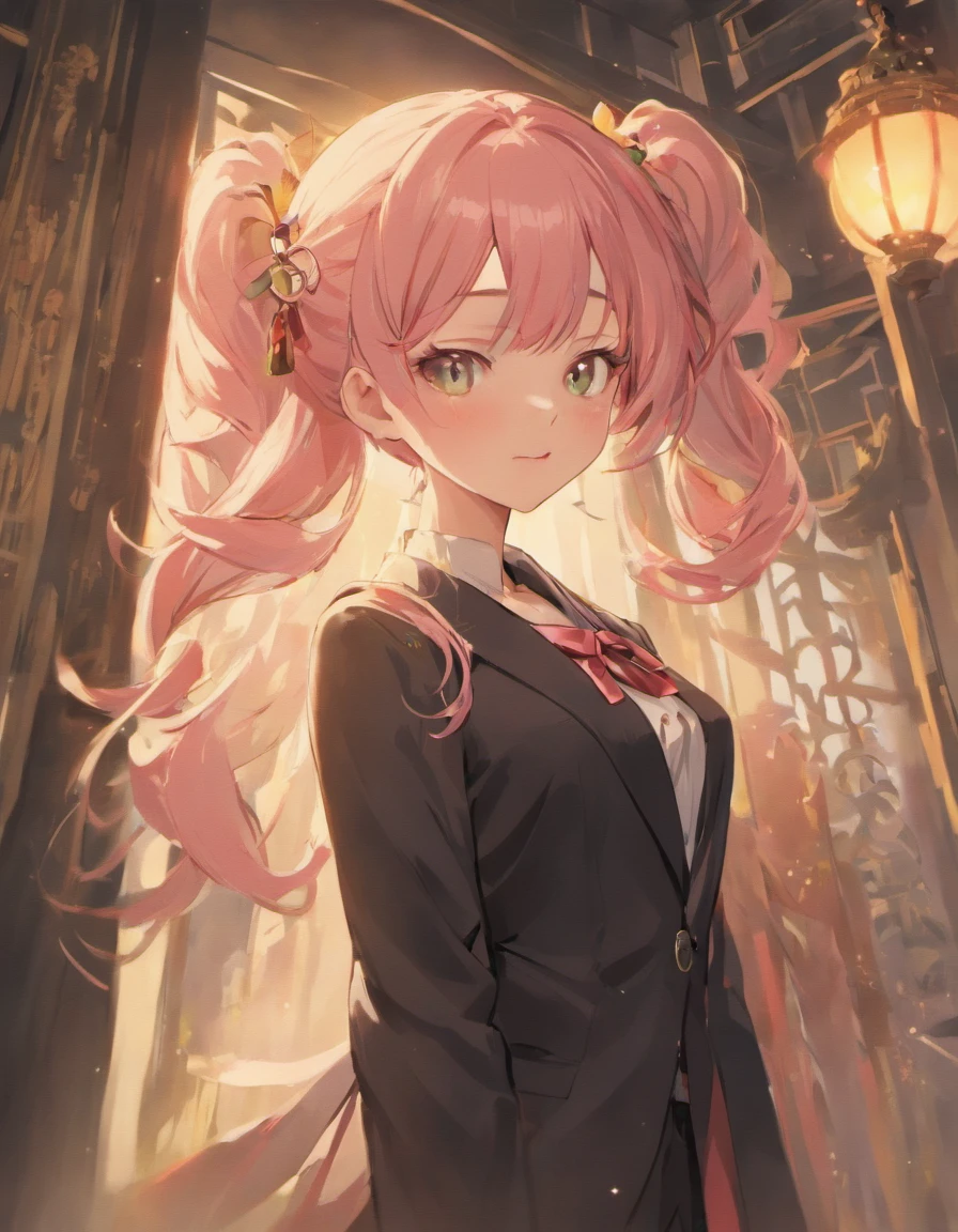 There is one ultra-realistic girl。She has a slim figure、Height is 155 cm。Her hair has a pale pink color and、、Her hairstyle is twin tails.。Hair is smooth、Luxurious ornaments complement the corners around it。Her eyes are a beautiful scarlet.、Staring at this。Her nose was not very high.、has shiny pink lips。With a smile、Teeth are visible.。Red ribbon flutters in the wind from the neck.。She is wearing a black suit with white accents..、The pattern is green。Pure、Loose shoulders。For the lower body, I'm wearing long pink pants that are easy to move in..。A red band is visible from the waist。She is clenching her fists.、There are 5 fingers on each side.。Background in the wilderness forest、A tall mountain々And the lake looks far away。It's from the camera's point of view.、Laugh shyly。