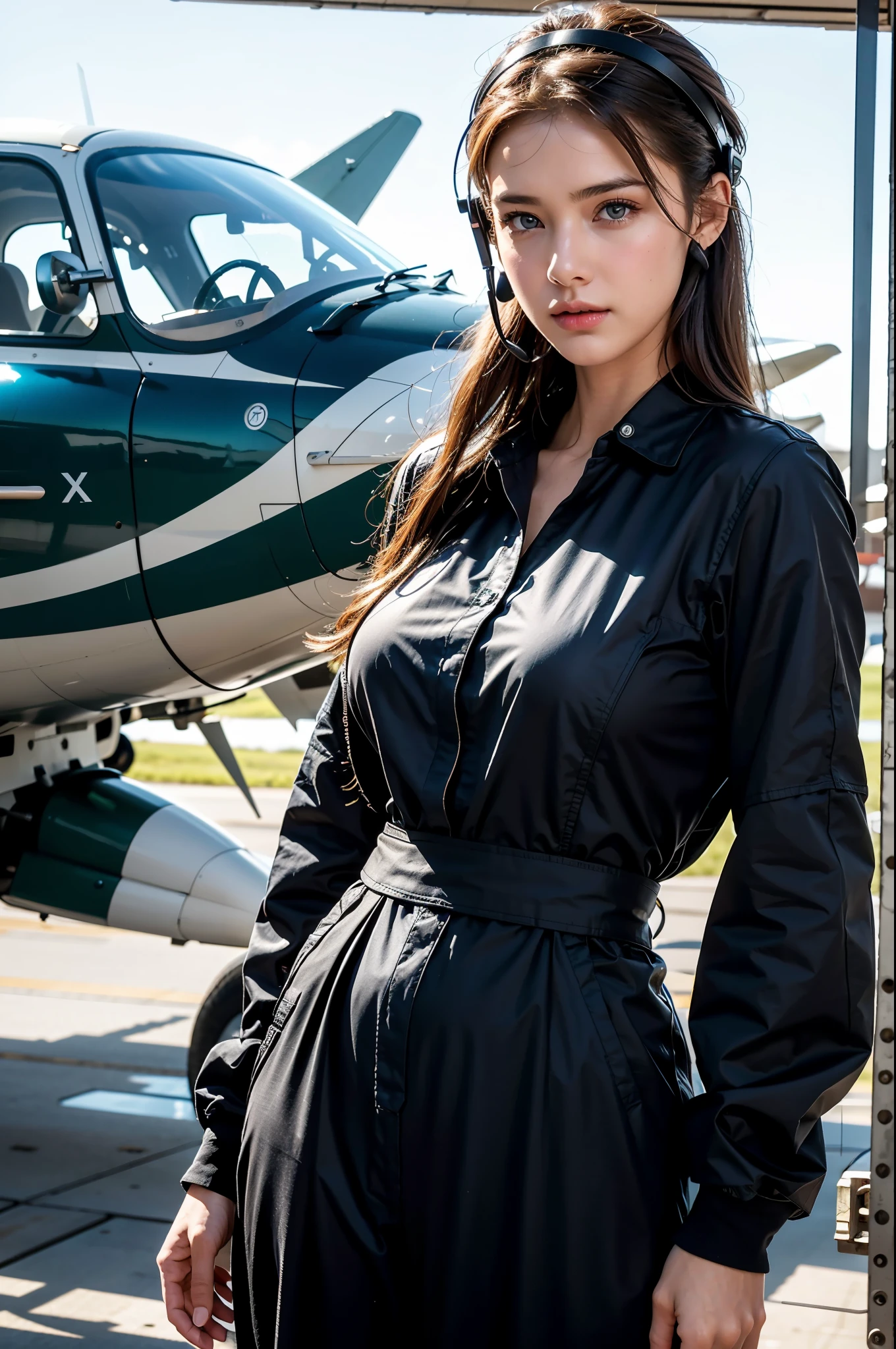 Best quality, ((professional photograph, RAW photo)), intricate composition, an extremely delicate and beautiful, ultra high res, professional lighting and shading, (Realistic image of a extremely pretty female Aircraft mechanic, solo), Inside a spacious Aircraft hangar, Vintage airplanes of the World War II era line the background, She does aircraft maintenance, (Wearing military long-sleeved coveralls for mechanics), (Wearing a headset), (wearing mechanic's heavy-duty glove), parted lips, very professional mechanic, ((extremely beautiful depiction of the eyes and face)), ((insanely beautiful natural skin texture)), Accurate eyes, Accurate five fingers, Well-balanced overall body