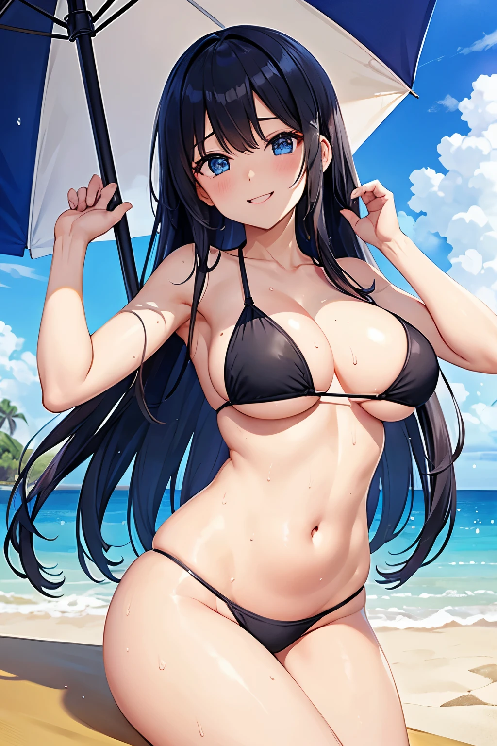 beautiful girl,Beach、Under a big umbrella、Lie down on a mat on the sand、Big Breasts、Sexy Bikini、Long Hair、Blue Eyes、Black Hair、Her breasts are very large、Top view、Wet、Sweat、smile、10th Generation、1 girl、Two arms、Perfect hands、可愛いsmile、childhood friend、Sexy body、Chest up、