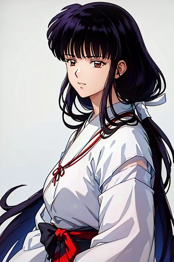 masterpiece, best quality, ultra detailed, extremely detailed, beautiful detailed glow, ultra high res, very high res, beautiful ,best aesthetic, 8k,,((beautiful face)), 2d anime, more detailed eyes, reduce hair volume, beautiful detailed hair, an adult woman, beautiful Japanese woman, black long hair, face shot, simple white background, wearing a kimono, tie hair, realistic skin texture, ((happy))