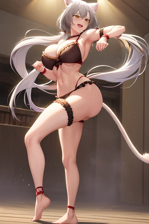 masterpiece, best quality, beautiful art, high resolution, well formed hands, body and fingers, 1 woman, solo, Black Hanekawa, cat ears and cat tail,, adult, grown up big breasted, cleavage, full body, , wearing a Mata Hari outfit, sexy and skimpy arabian belly dancer outfit, sexy arabian belly dancer, hair ribbon, gorgeous legs and thighs, she is fighting in a combat match at a martial arts tournament, she is getting ready to fight, making her guard pose, action and fighting scene, about to hit the viewer, looking at the viewer, sweating , feeling confident and proud, smiling joyfully and happily, charming her opponent with her beauty, bouncing breasts, fighting scene, martial arts tournament on the beach