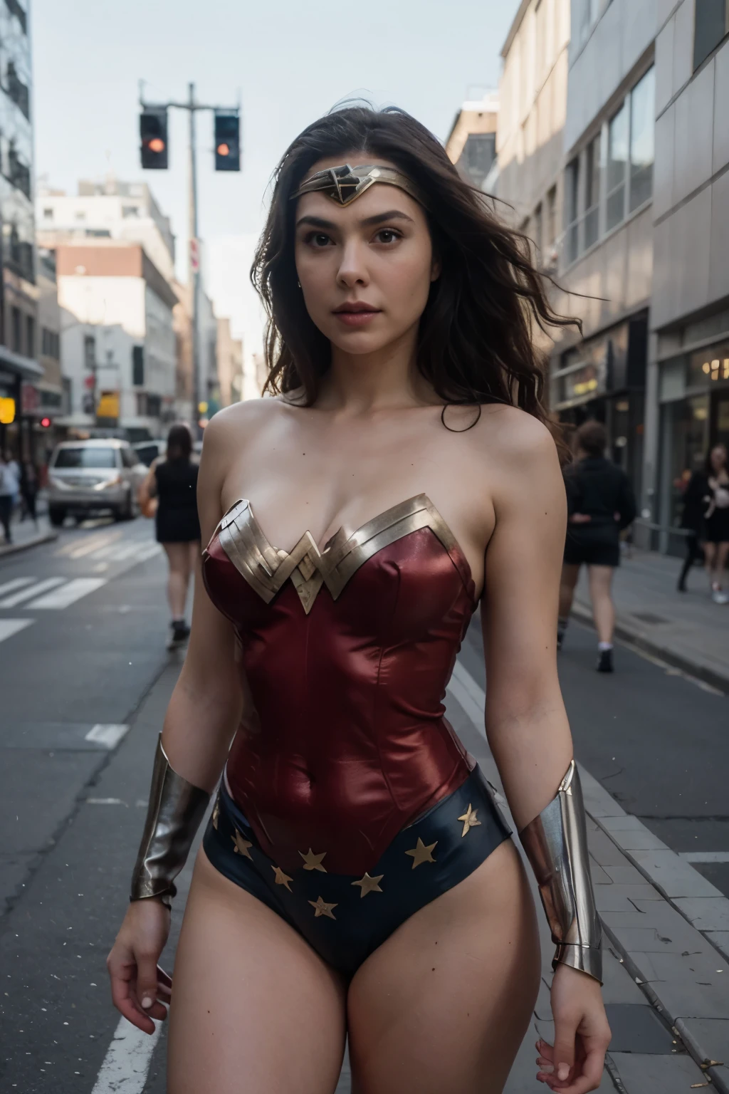 Photography realistik, wonder woman, perfeck face and perfeck body big, under wear,in walking the city,8k