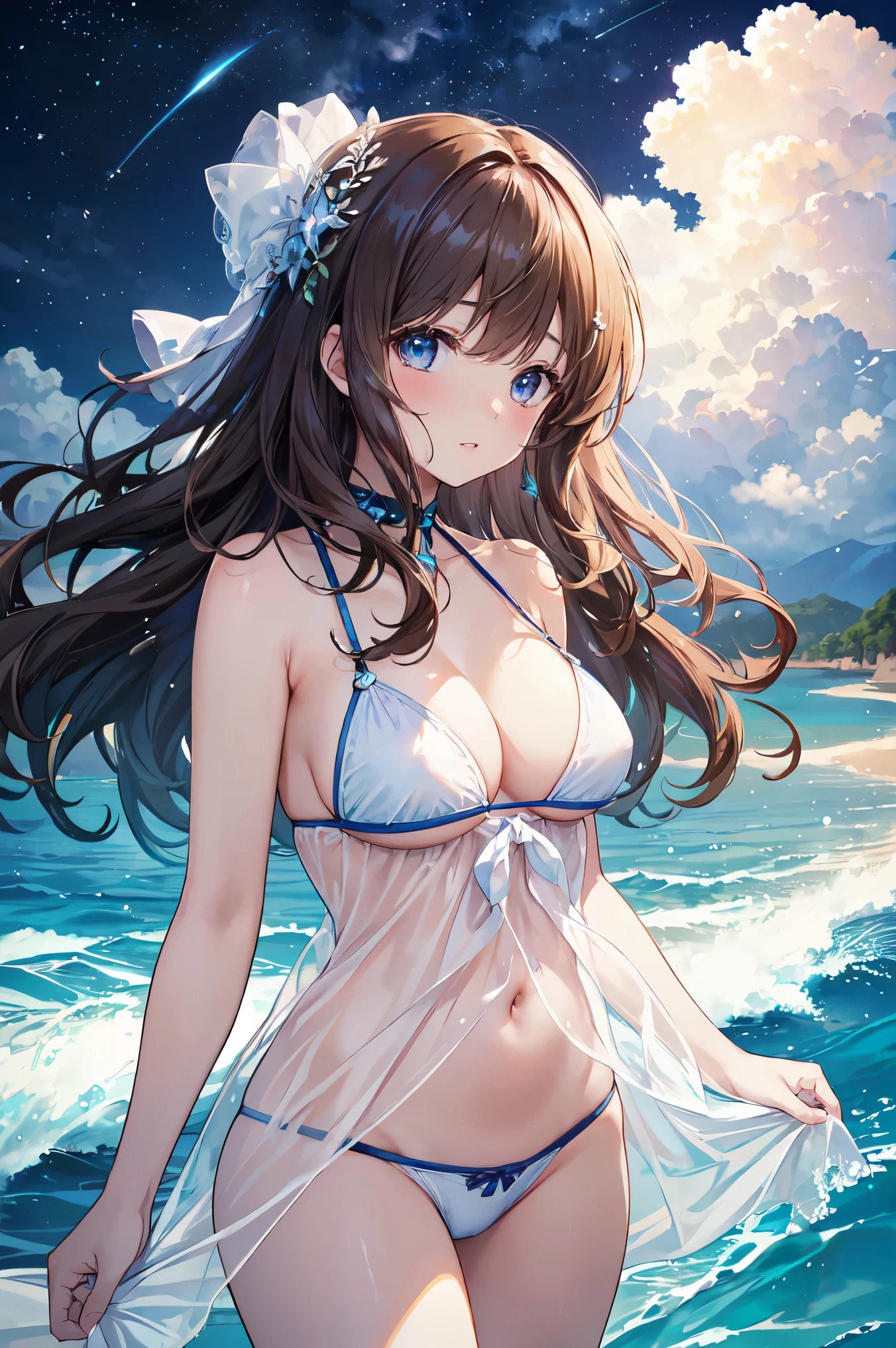 21 years old girl, wavy long hair, dark brown hair colour, blunt bangs, blue eyes, crystalline, crystall, flying