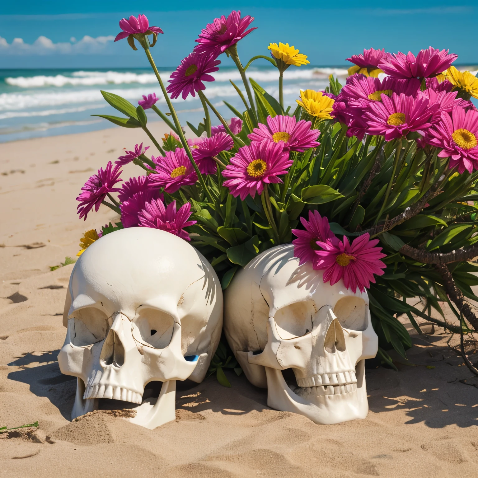 aesthetic head skull, surfboard, mace hammer, sprinkle by flowers, around chain beach background view