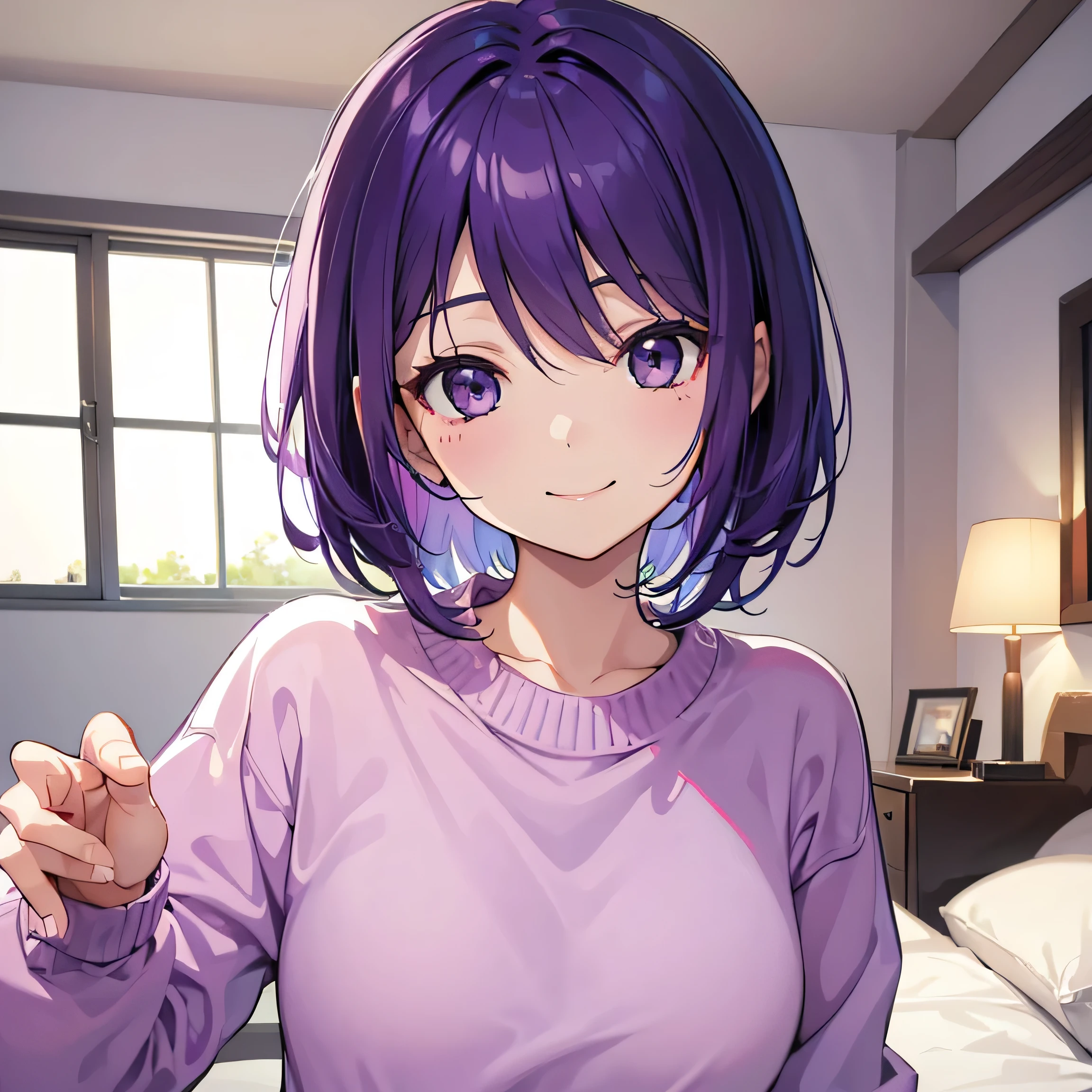 (T Masterpiece，4k wallpaper，Best Quality))、((girl１people))、(solo)、Bright and Brilliant，(Purple Hair)、(Shortcuts:1.3)、smile、Bedroom、sweater、morning