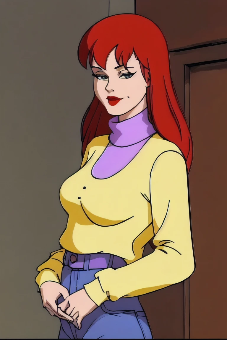 8k quality, high detailed, absurdres, mary jane watson, red hair, beautiful face, red lipstick, high detailed face, full body, yellow sweater with purple turtleneck, blue jeans, brown cowboy boots, front view 