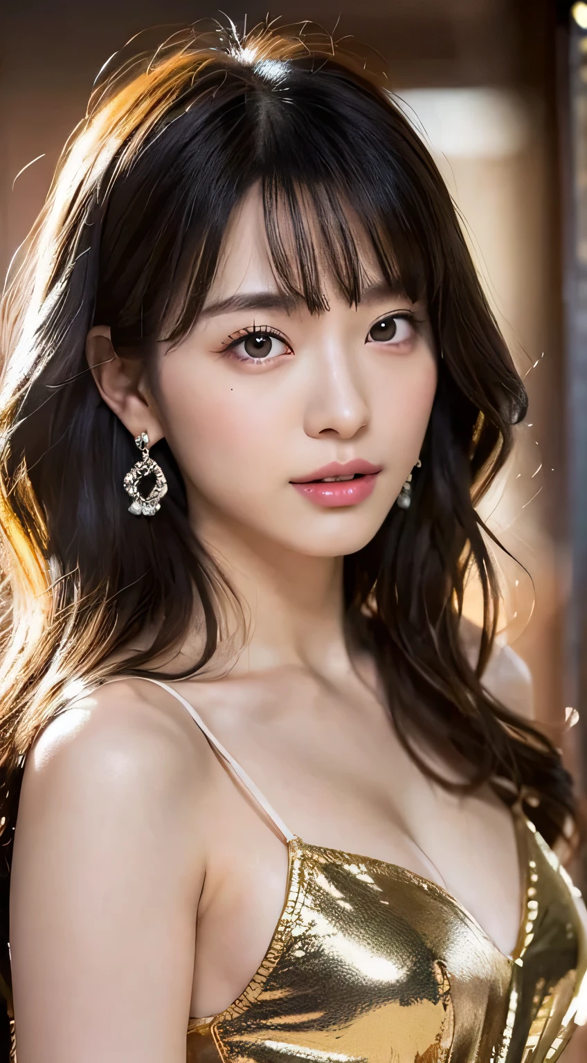 (8k, RAW Photos, highest quality, masterpiece: 1.2), Super detailed, Super Resolution, (Genuine, Genuine photos: 1.37), Portraiture, High-resolution RAW color photos, alone, Professional photos, Very detailed and beautiful, Very detailed, 8k wallpaper, Amazing details, Large file size, Official Art, Very detailed CG Unity 8k wallpaper, Very detailed beautiful girls, Very detailed顔, Very detailed目, Very detailed肌, Very detailed指, Very detailed鼻, Very detailed mouth, Perfect Anatomy, Detailed Background, (Golden luxury dress, Formal wear, No bra, Academy Award, Red carpet), Detailed clothing, One Girl, (20:1.2), 20th Generation, cute girl, Genuineistic body, , White skin, Glowing Skin, The body is slim, Handsome body, Black Hair, short hair, (Blunt bangs: 1.2), smile, cute, like々Shii, Cute face, Realistic Face, Chinese Beauty, Delicate eyes, Saggy eyes, Earrings, looking at the camera, Front Face, Standing posture, Contrasting, Dynamic Lighting, Super big