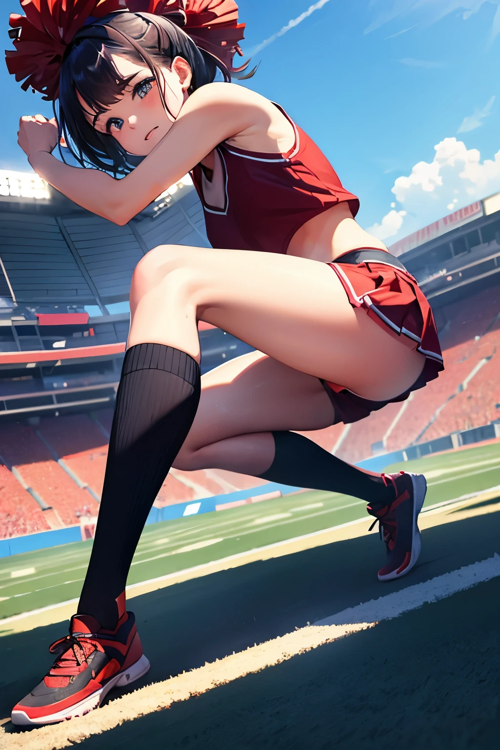 Girl's cheerleader, male , school cap, red sash, in the stadium stands, black , sweat, whole body moving, dynamic movement, hard-working expression, masterpiece, looking at the viewer