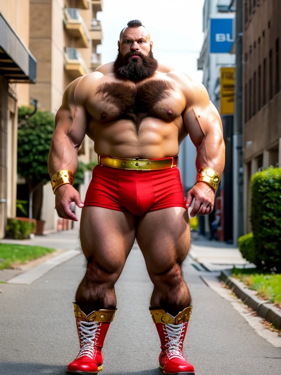 zangief,a man with a beard and a golden belt, fighting game character, street fighter 5,muscled humanoid,heavy looking,buff man,wrestler,Red short briefs,capcom,street fighter,shirtless,muscular male,chest hair,visually weighty,bearded man,mohawk hair,scar,no wristband,Red Wrestling Boots,best quality