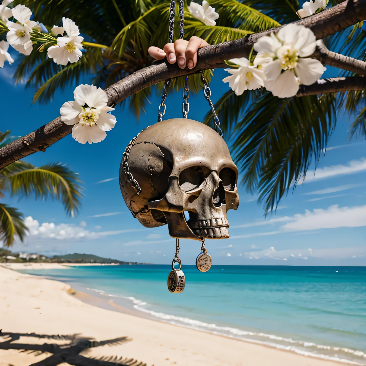 surfboard hanging with a chain upwards, sprinkled with flowers, background view of the beach, next to it is a pair of skulls with one mace hammer in the sand