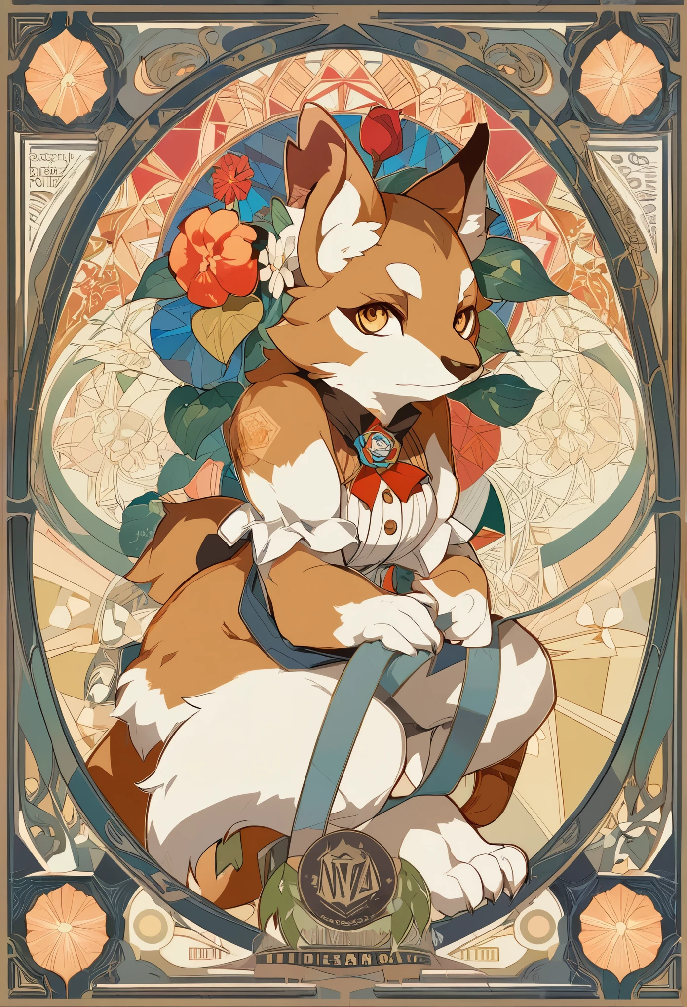 highres, top quality, best quality, paid reward available, High-quality illustrations by Alfons Mucha, unparalleled masterpiece, perfect artwork, absurdres, logo mark, stamp, Geometric pattern, vector-art, masterpiece(kemono, furry anthro)flower,