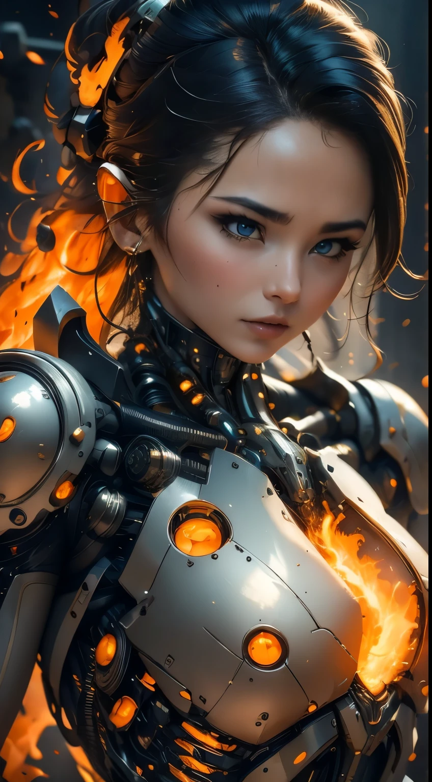 woman face, mechanical animal body, on fire, whole body,