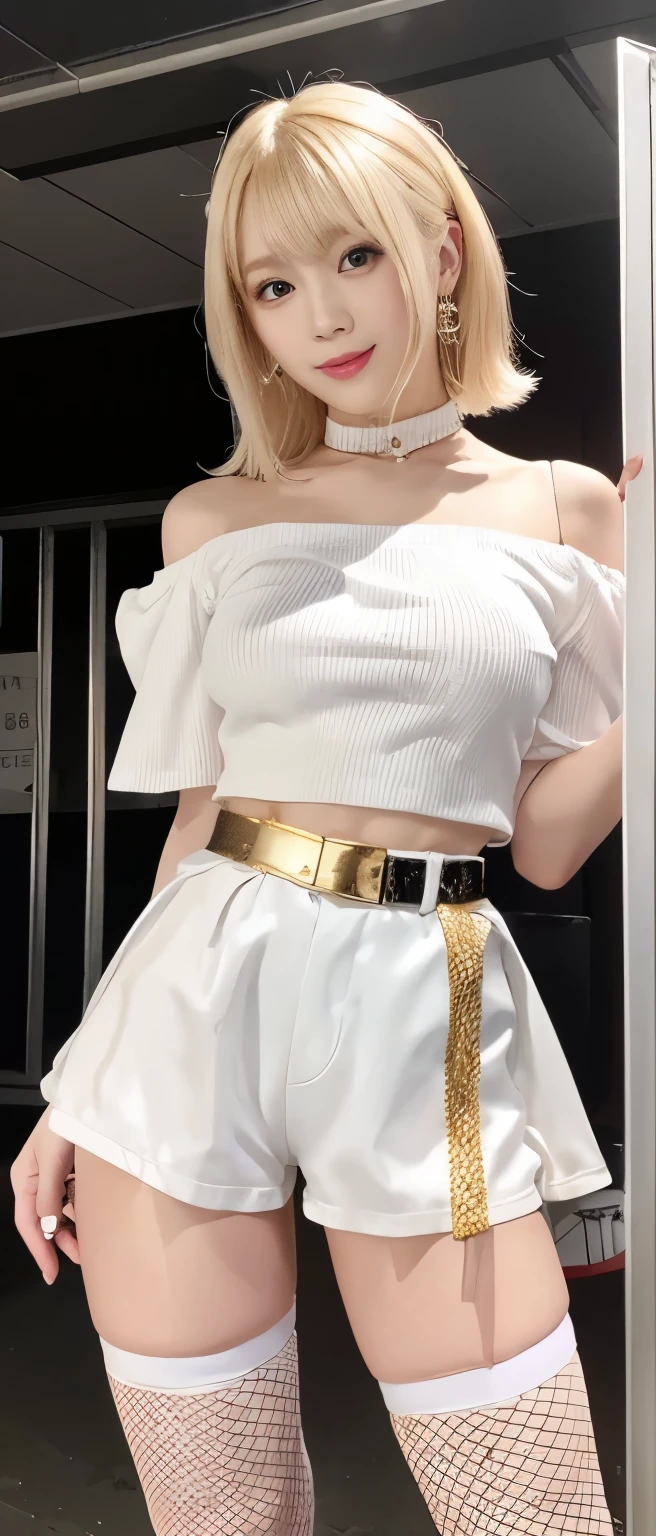Gorgeous punk idol girl、whole body、Good style、、、、、、、、White tight shorts costume(Gold off shoulder)、、、、、Blonde roll hair、Wonder Belt、Fishnet tights