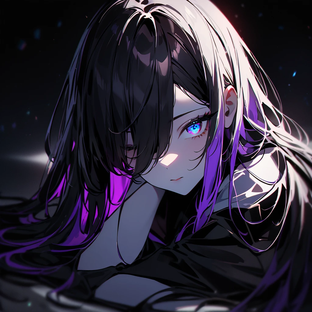 girl,Portraiture,masterpiece,highest quality,so beautiful,Absurd,Alternative color,chromatic aberration,Inner hair color, High Contrast, Marble Eyes, Dark,Hair on one eye,Hair between the eyes,Kneel,Darkness and light,Straight Hair,One Eye,splitcolorhair,Thin Hair,contact lens
