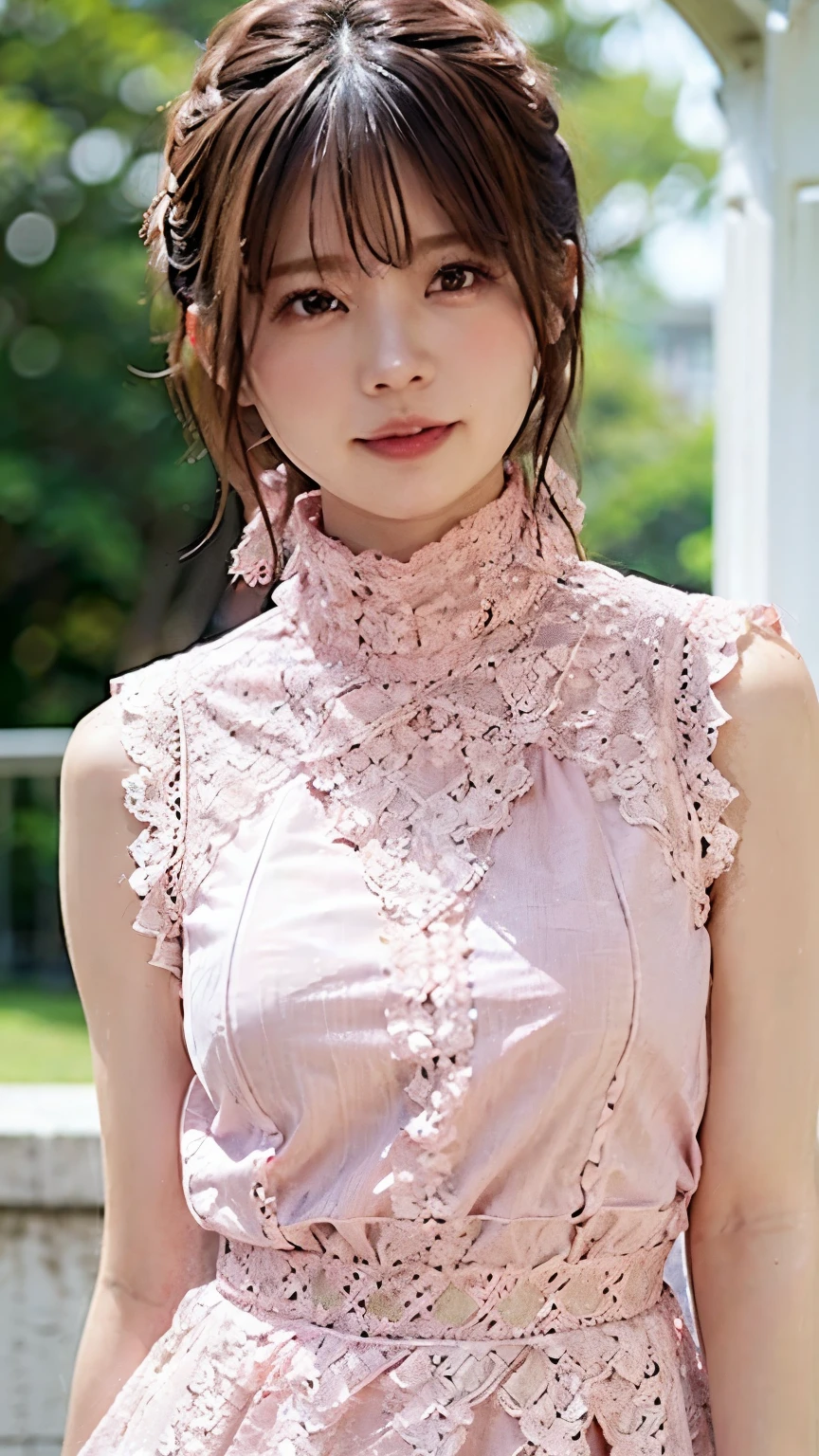 Pink Dressを着て街角でポーズをとる女性, highest quality, High resolution, 8k, 1peopleの女の子, (Huge boobs), Tag, The light shines, Outdoor, (Street:0.8), (people, crowd:1), (lace trim dress:1.5, Pink clothes:1.5, Pink high neck dress:1.5, Sleeveless dress, Pink Dress:1.5), Medium Chest、Gorgeous, (Medium Hair), Beautiful detailed sky, Earrings Beautiful, (Dynamic Pose:0.8), (Upper body:1.2), Soft lighting、Wind、Glowing Skin、Looking at the audience、