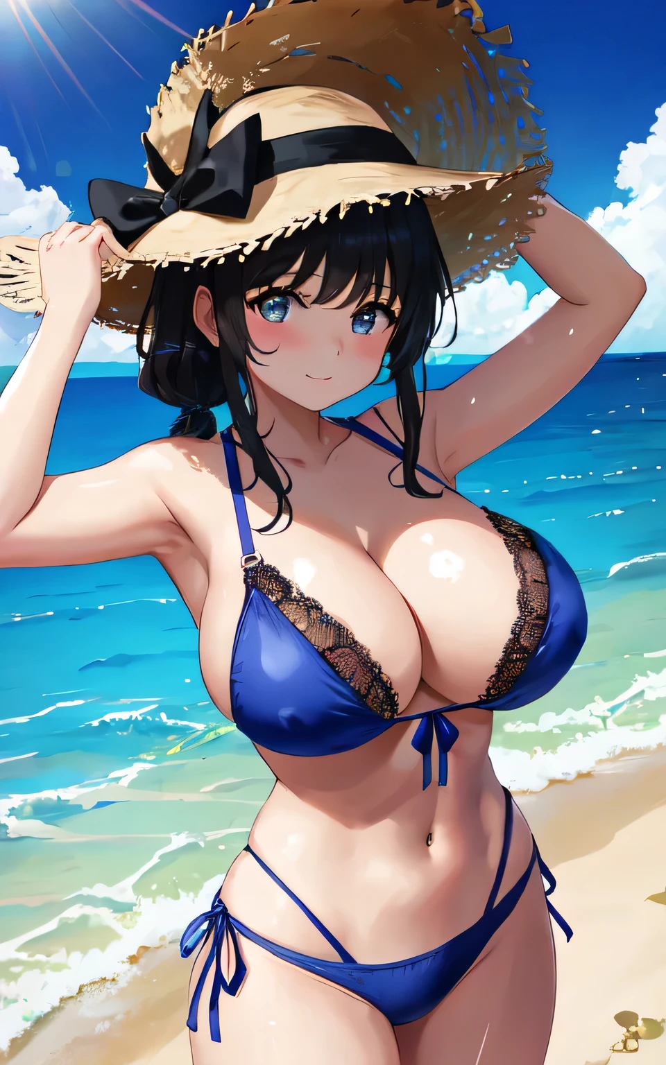 A 6 year old girl with huge breasts, wearing a lacy bikini swimming costume, on the beach, holding a man's penis in her hand, wearing a swim ring