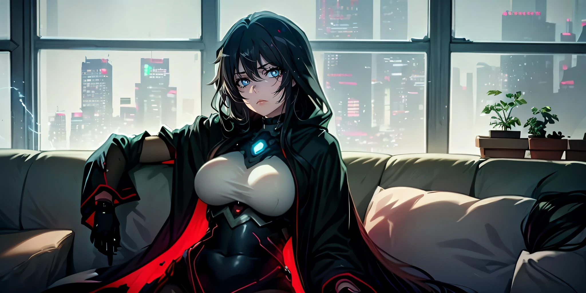 yukinoshita yukino, (long hair, black hair:1.6), grey eyes, anatomically correct, heavy breathing, huge breasts, breast press, solo, solo focus, masterpiece, best quality, 1girl, solo, grey hair, bodysuit, official bodysuit, cape, hood, (detailed body, detailed face:1.5), (dim lighting:1.6), a woman in a black lingerie sitting on a couch in a room with a window and potted plants, transgressive art, cyberpunk art, Fan Qi, anime art, (shaded face:1.2), hollow eyes, grey eyes, looking at viewer, heavy breathing, expressionless, glowing eyes, lipstick,