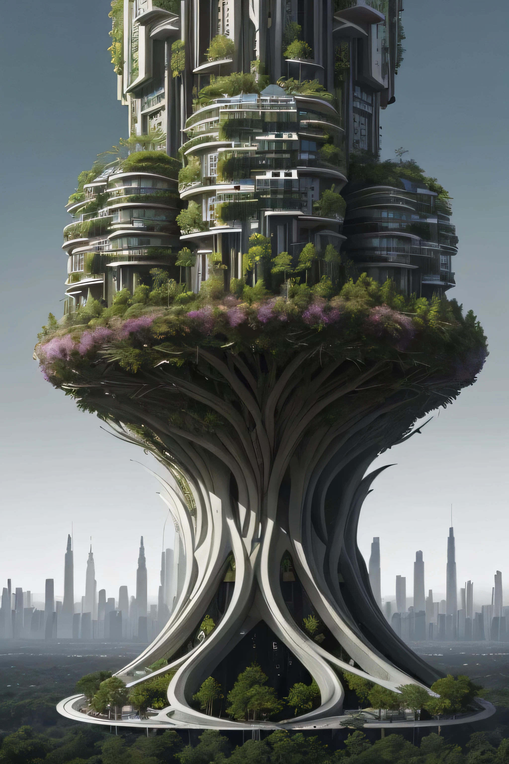 a close up of a tall building with a bunch of trees on top of it, unique architecture!, unique architecture, beautiful architecture, stunning architecture, cyberpunk tree house, weird alien trees, vincent callebaut, surreal architecture, fantasy architecture, architecture art, solarpunk architecture, surreal design, great architecture, vegetal architecture, with surreal architecture, magnificent design