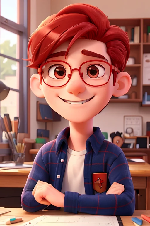 I want to draw a 14 year old boy smiling, With red hair, round glasses, and a love of mathematics