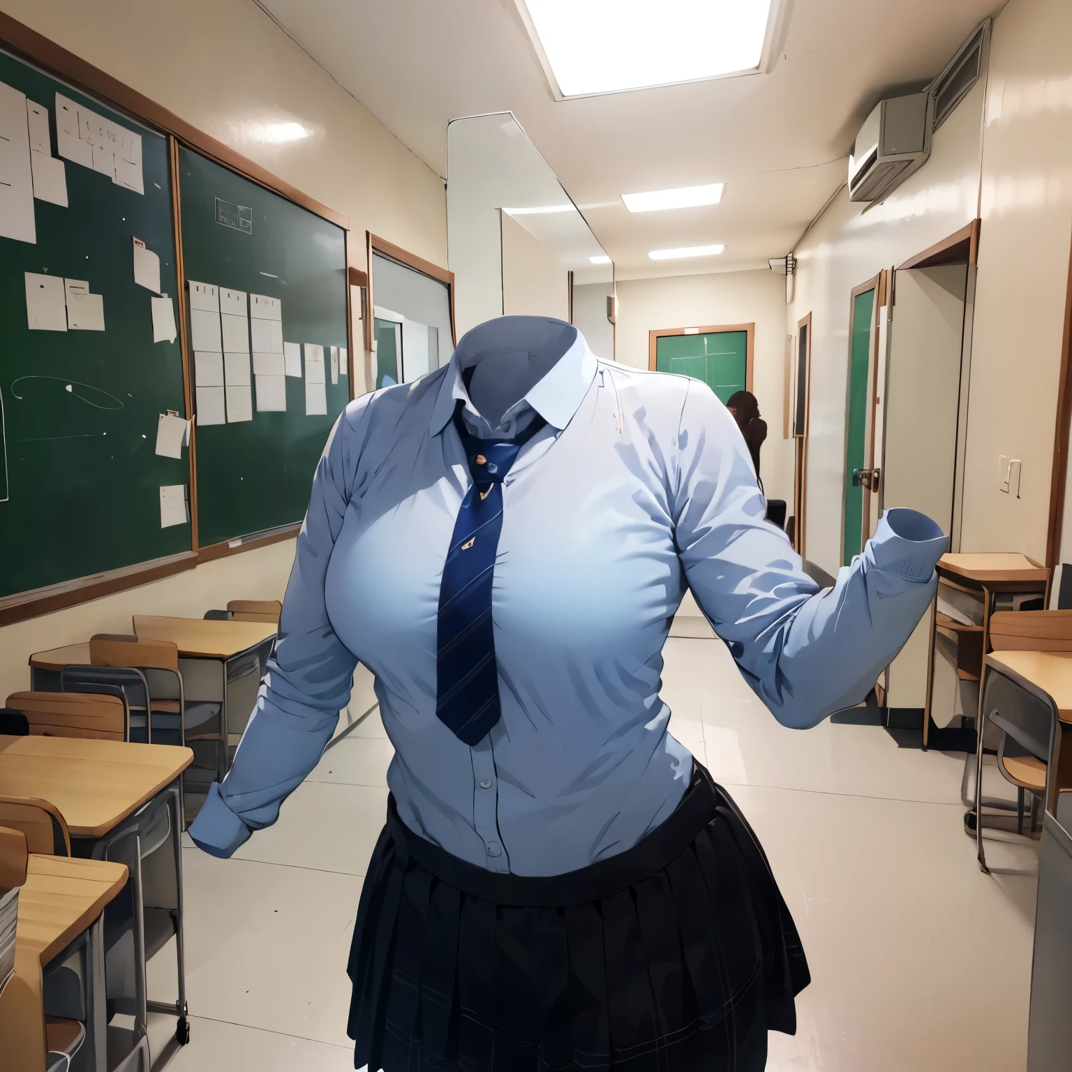 sweater, in classroom, talking with friends, plaid skirt, stripe tie, cute big breasts, (invisible, no human, headless, handless:1.5)