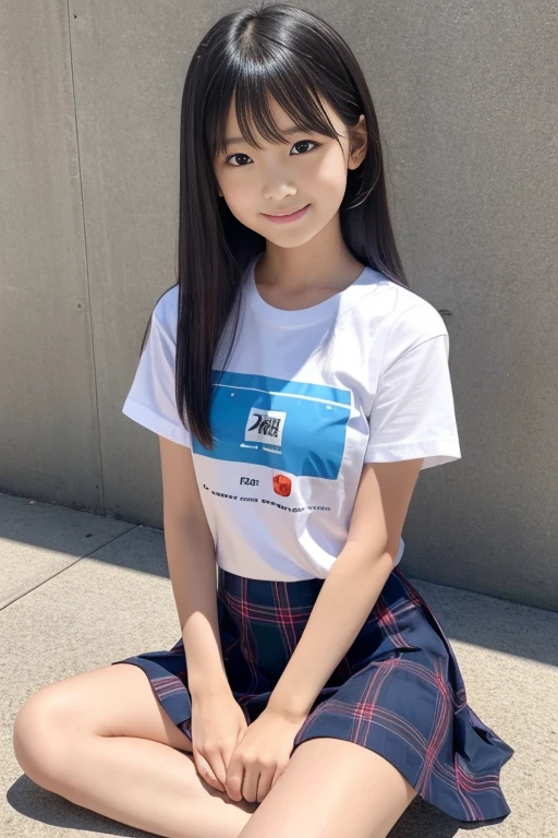 8K,masterpiece,Japanese,9 year old girl,from the front,smile,cute,innocent face,innocent,gentle eyes,Childish,plain t-shirt,short sleeve,A short blue checked skirt,semi-long,hair blowing in the wind,black hair,Slightly strong wind,noon,bright,sitting、Spread your legs wide、Spread your legs wide