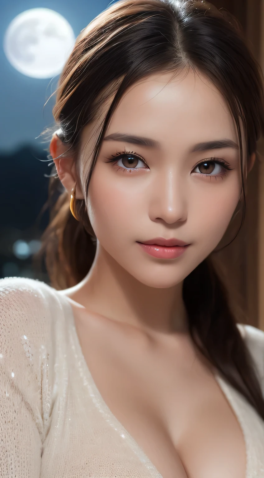 Kimono beauty, body portrait, 8K, thin and beautiful eyes, Dindal effect, masterpiece, top quality, high quality, high resolution, very detailed photo, (natural skin texture, fine skin, hyperrealism, super sharpness) , high detail skin, (very fine, fine skin texture, intricate details, beautiful face, (realistic face), realistic eyes, beautifully detailed eyes, ponytail, realistic skin, beautiful skin, surreal, Highly detailed, golden ratio, smiling eyes, ((night moonlight background)), body portrait, oily skin, shiny skin, shiny skin with oil, big breasts, huge breasts, big breasts, erotic body, glamorous, sheer knit Sweater, cleavage, all wet