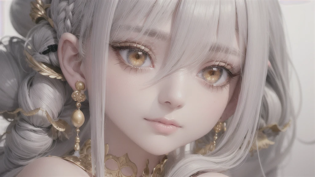 best quality, masterpiece,gray hair, golden eyes,white clothes, search,hair,fair skin,side braids,,(very detailed),(Really delicate and beautiful face),(detailed beautiful eyes),big bust,redness of ears,blush light smile, Exotic eyes, 1lady solo