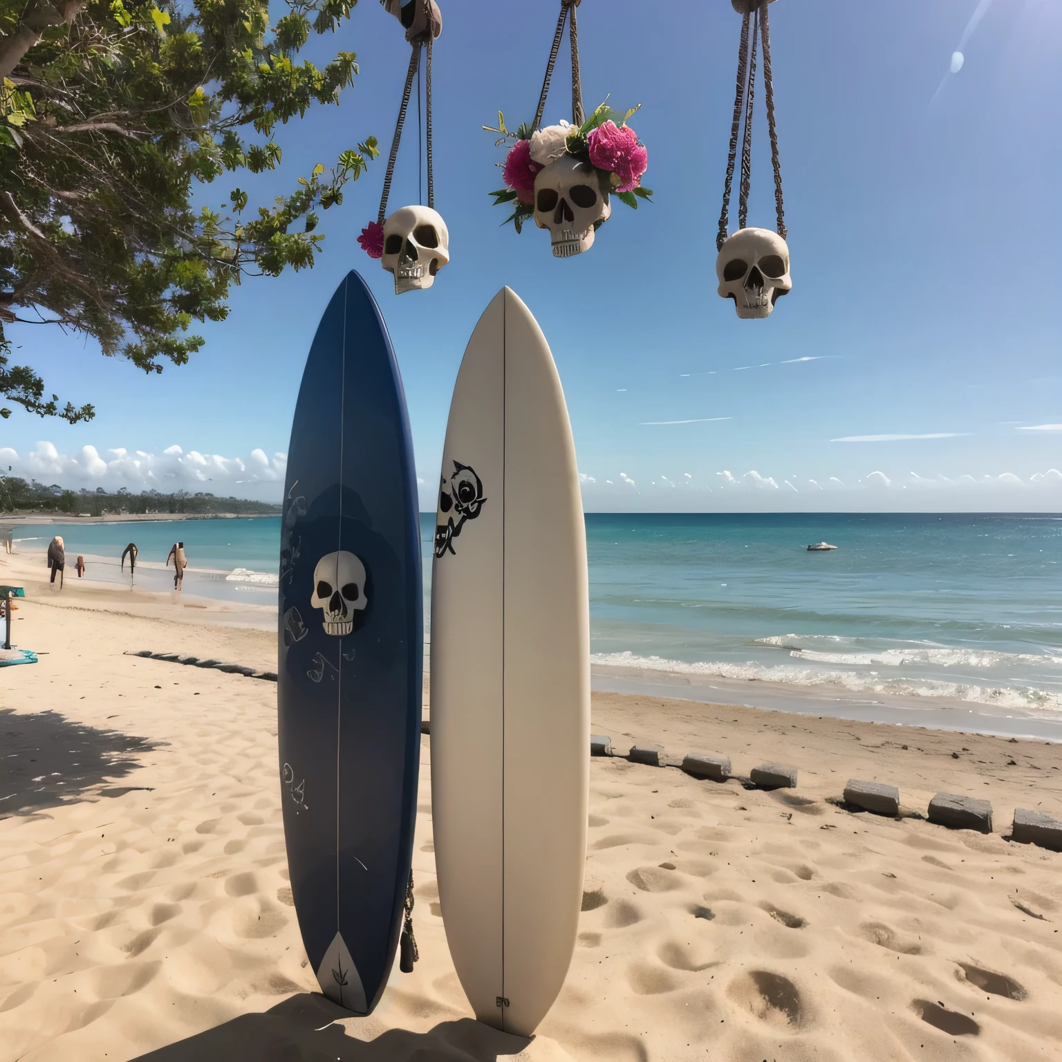 skulls hanging with a chain upwards, sprinkled by flowers, background is surfboard in beach view, next to it is flail in the sand