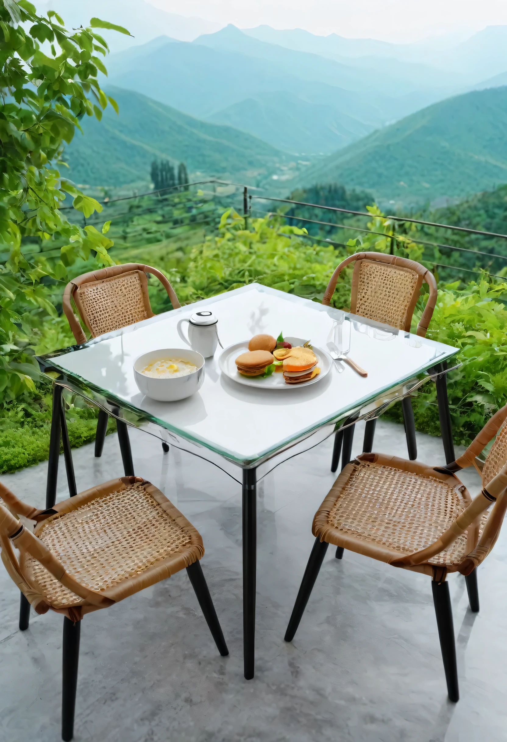 best quality, masterpiece, POV camera of 2 chairs and food on the table, background of mountains with greenery, realistic, 8k, dlsr
