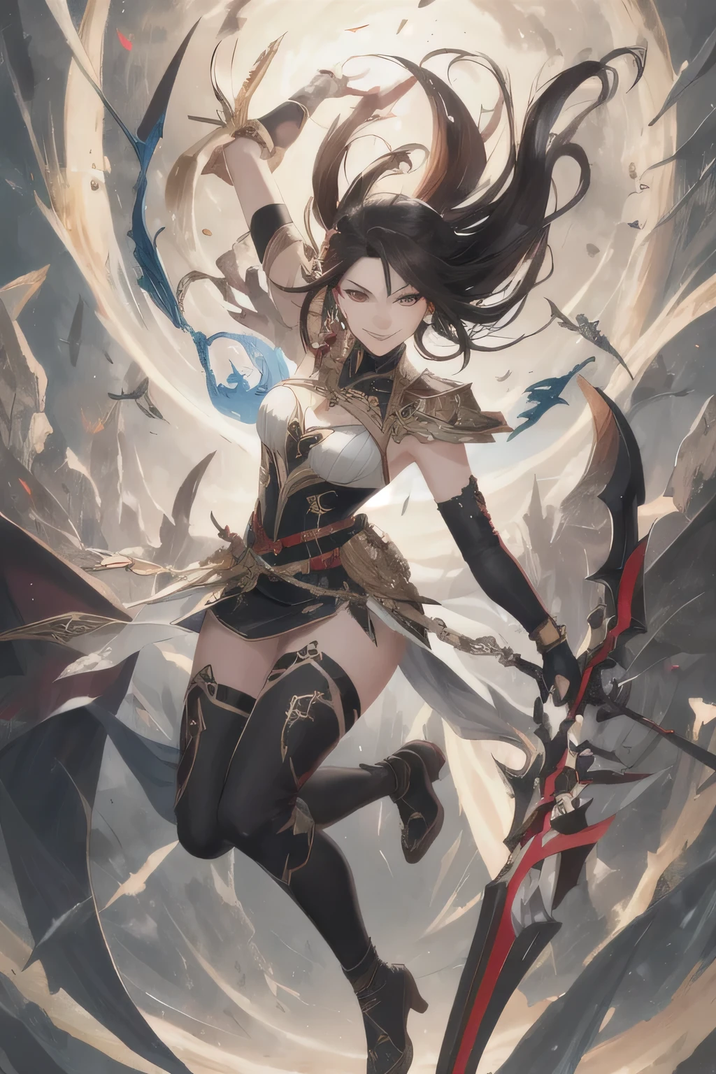 Top Quality, Masterpiece, Super High Definition, 1girl, beautiful_face, evil_smile, Detailed Skin, Full Body, Dynamic Angle, Black Hair, Weapon Hold, Arm Guard, Focus, Watch Viewer, dark brown Eyes, Floating Hair, Red and Black, Hands Up,
