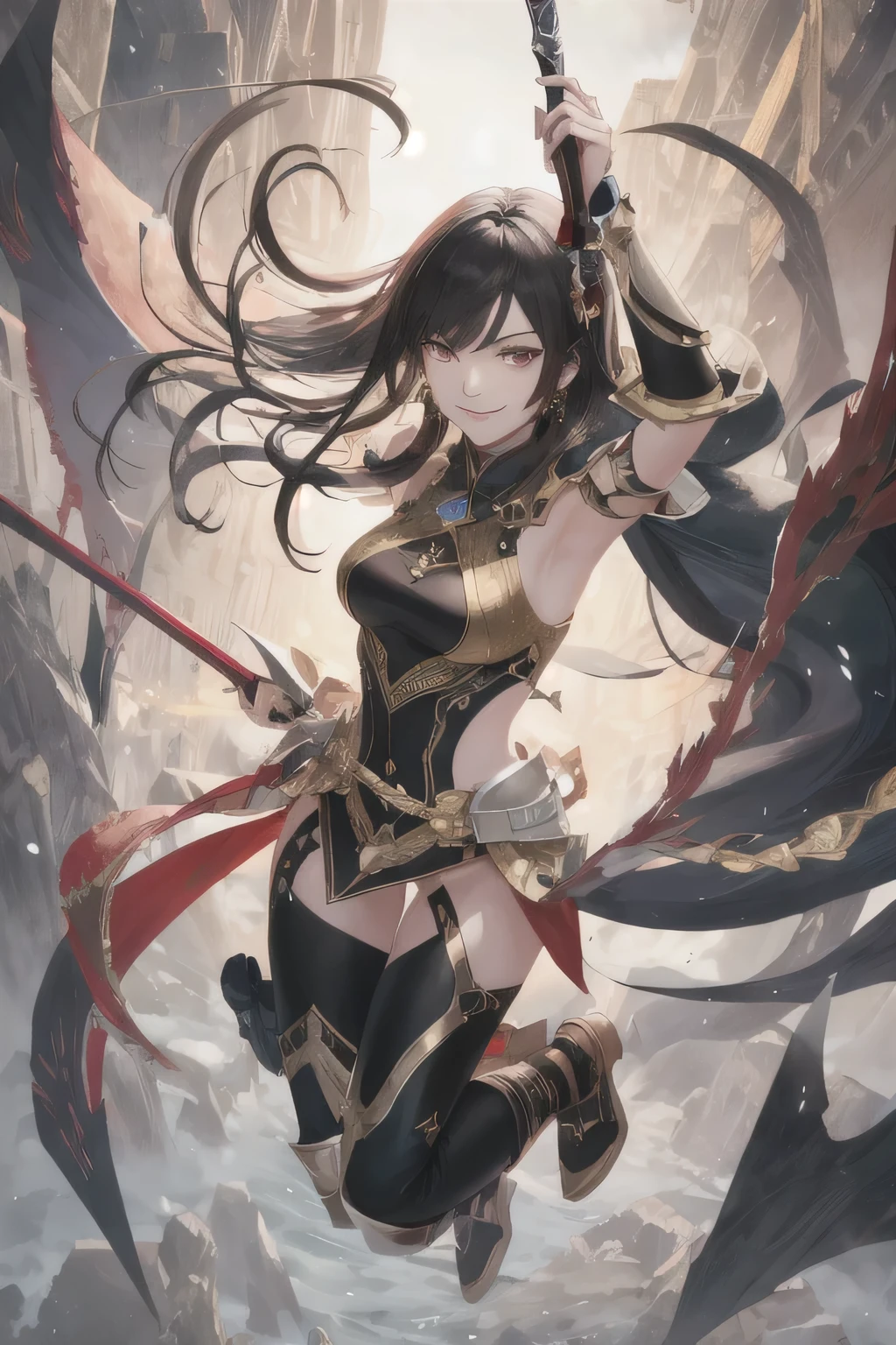 Top Quality, Masterpiece, Super High Definition, 1girl, beautiful_face, evil_smile, Detailed Skin, Full Body, Dynamic Angle, Black Hair, Weapon Hold, Arm Guard, Focus, Watch Viewer, dark brown Eyes, Floating Hair, Red and Black, Hands Up,
